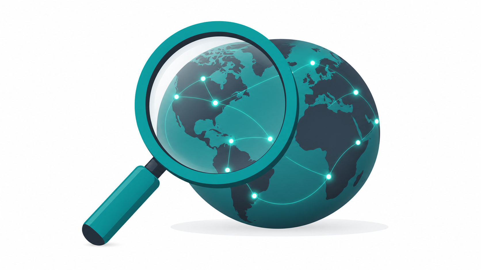 Magnifying glass hovering over a globe icon representing AI domain name discovery and search
