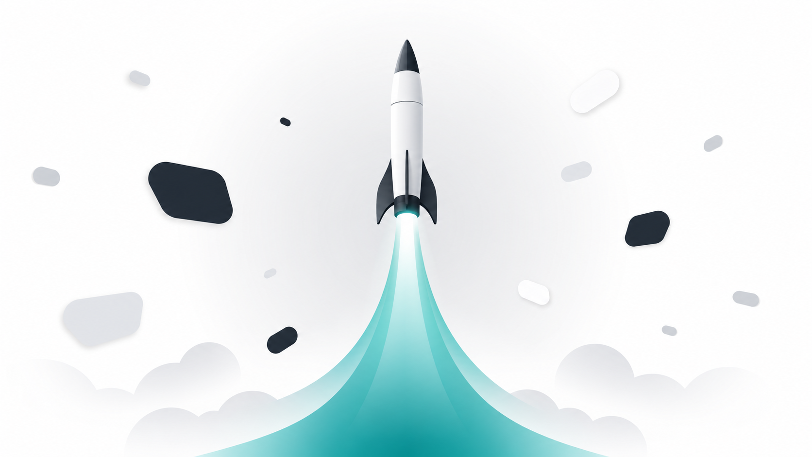 Minimalist rocket launching upward surrounded by floating domain extension badge shapes for AI startups