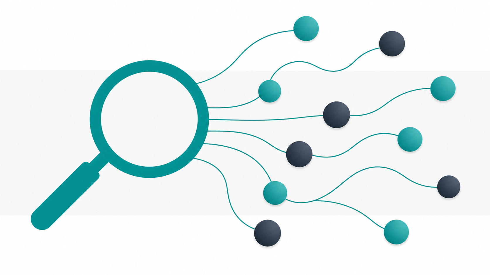 AI-powered domain name search interface concept showing a magnifying glass and connected node network
