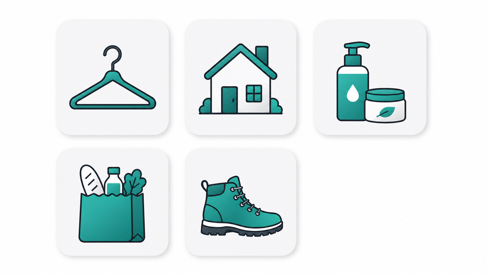 Grid of flat icons representing e-commerce product categories including fashion, beauty, food, and outdoor gear
