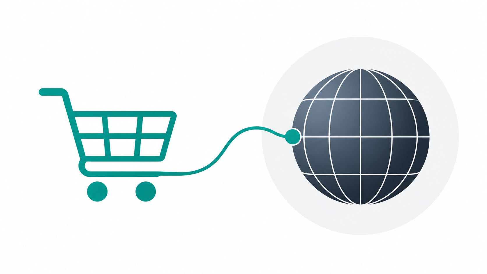 Minimalist shopping cart icon connected to a globe representing e-commerce domain name selection