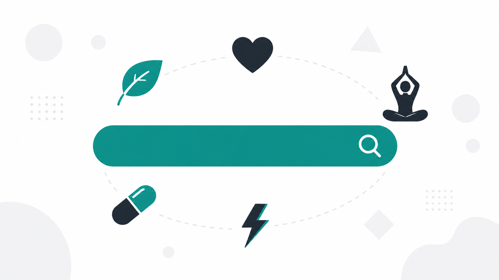 Abstract representation of a domain name search interface with teal search bar and wellness-themed icons floating around it