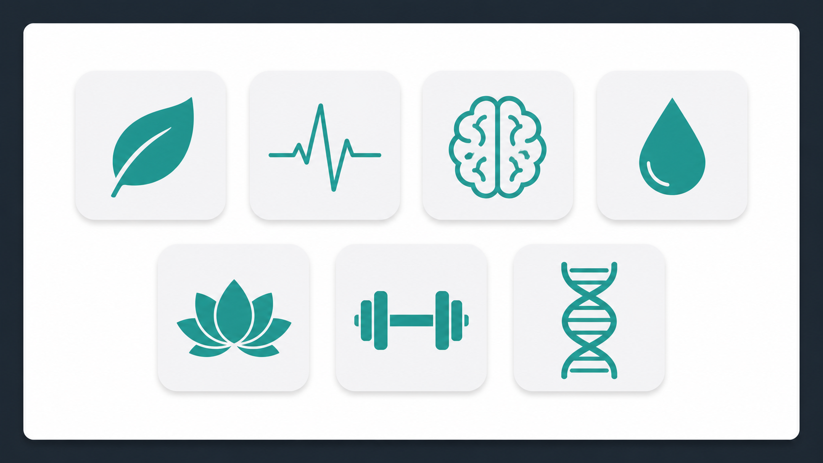 Grid of health and wellness icons including a leaf, heart, and brain in teal and dark grey flat illustration style