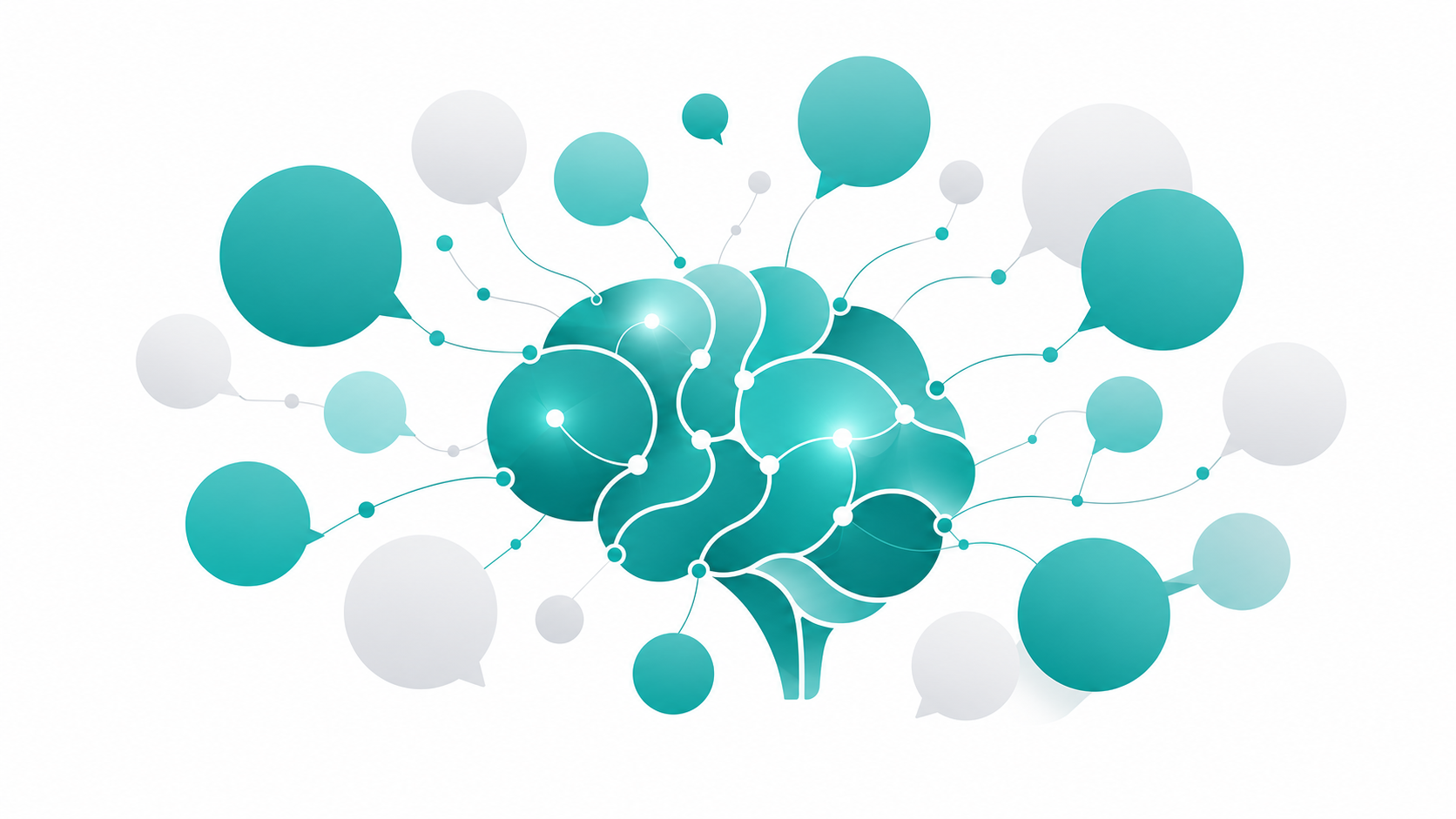 Abstract illustration of a glowing AI brain generating creative domain name ideas represented as floating connected bubbles