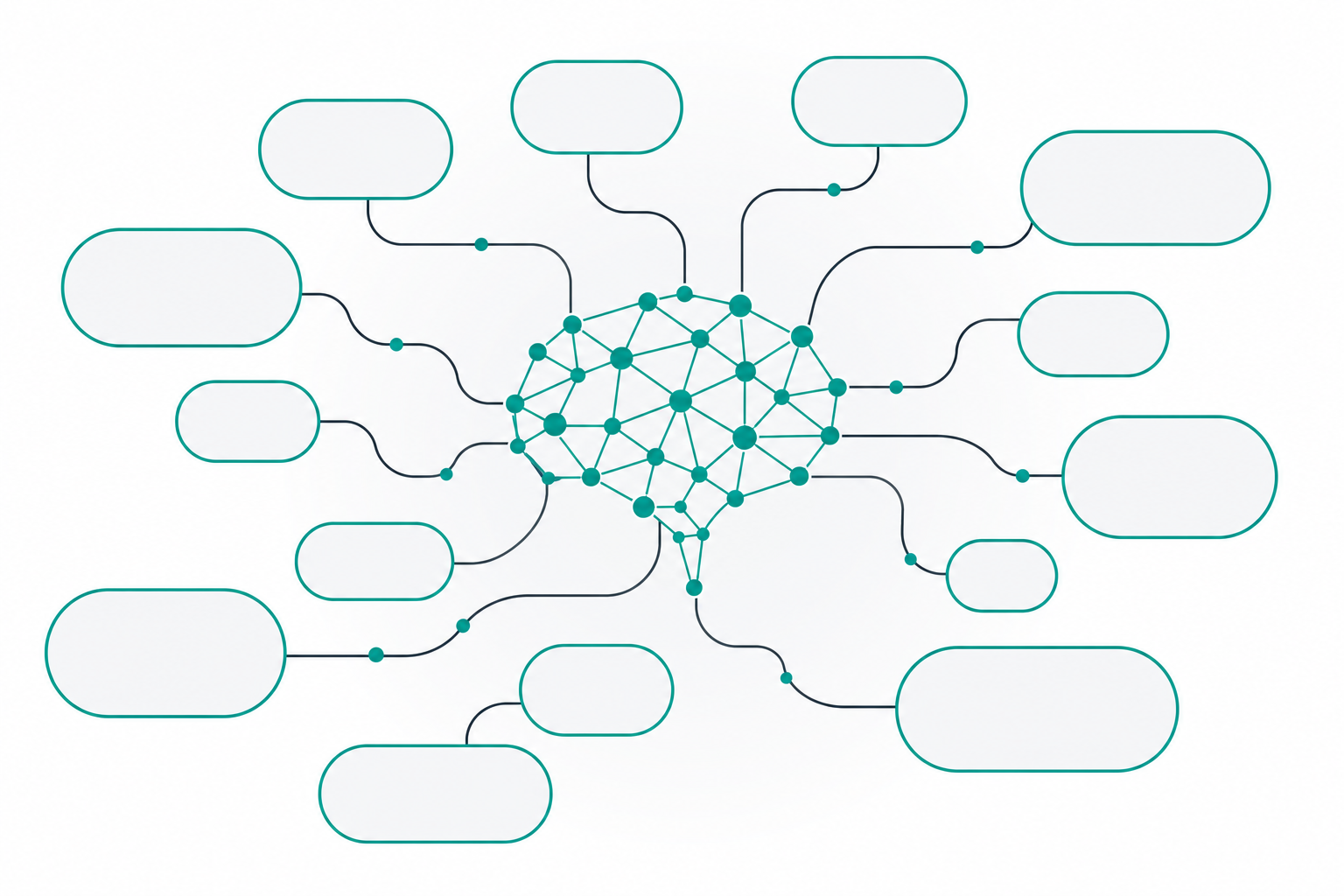 Abstract illustration of AI-powered domain name generation with connected nodes and suggestion bubbles flowing outward