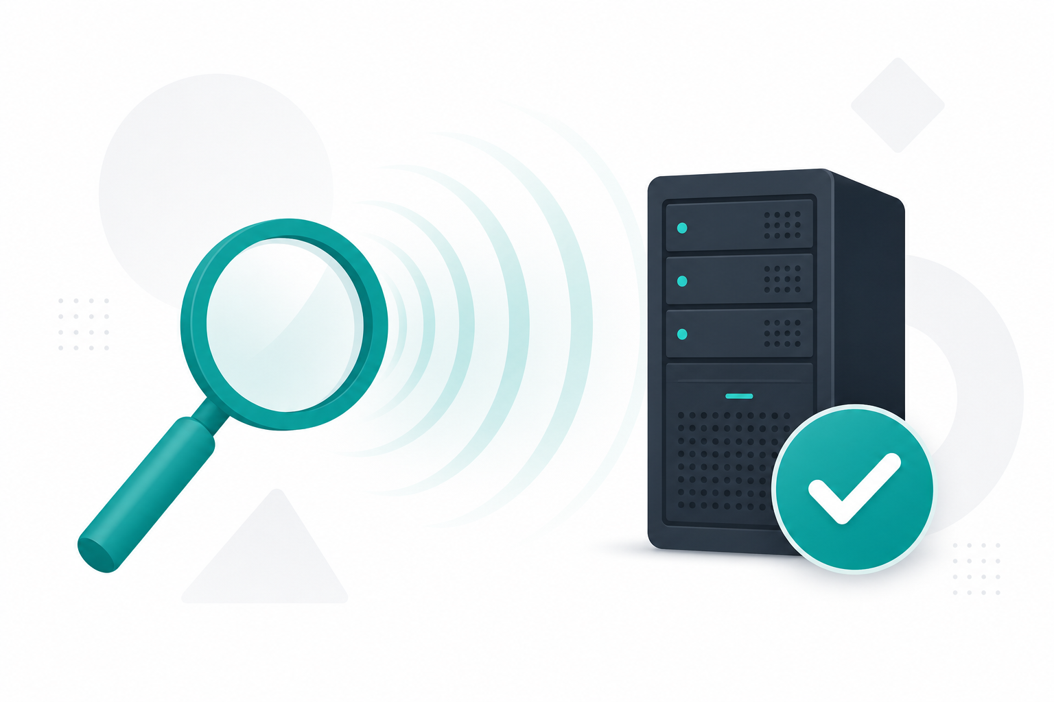 Illustration of real-time domain availability checking shown as a search pulse signal hitting a server with a green check result