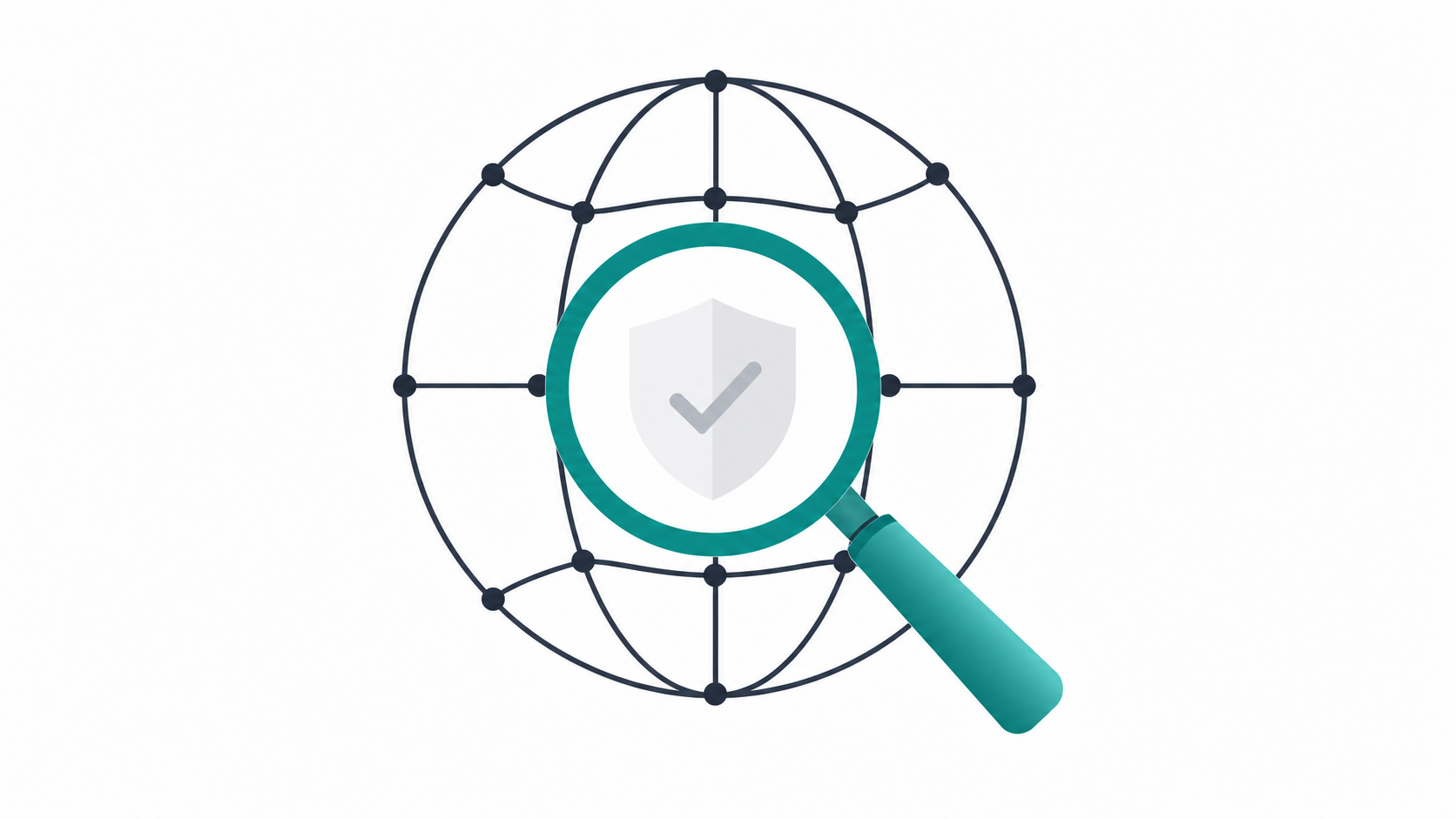 Abstract illustration of a domain availability lookup showing a magnifying glass over a globe network diagram