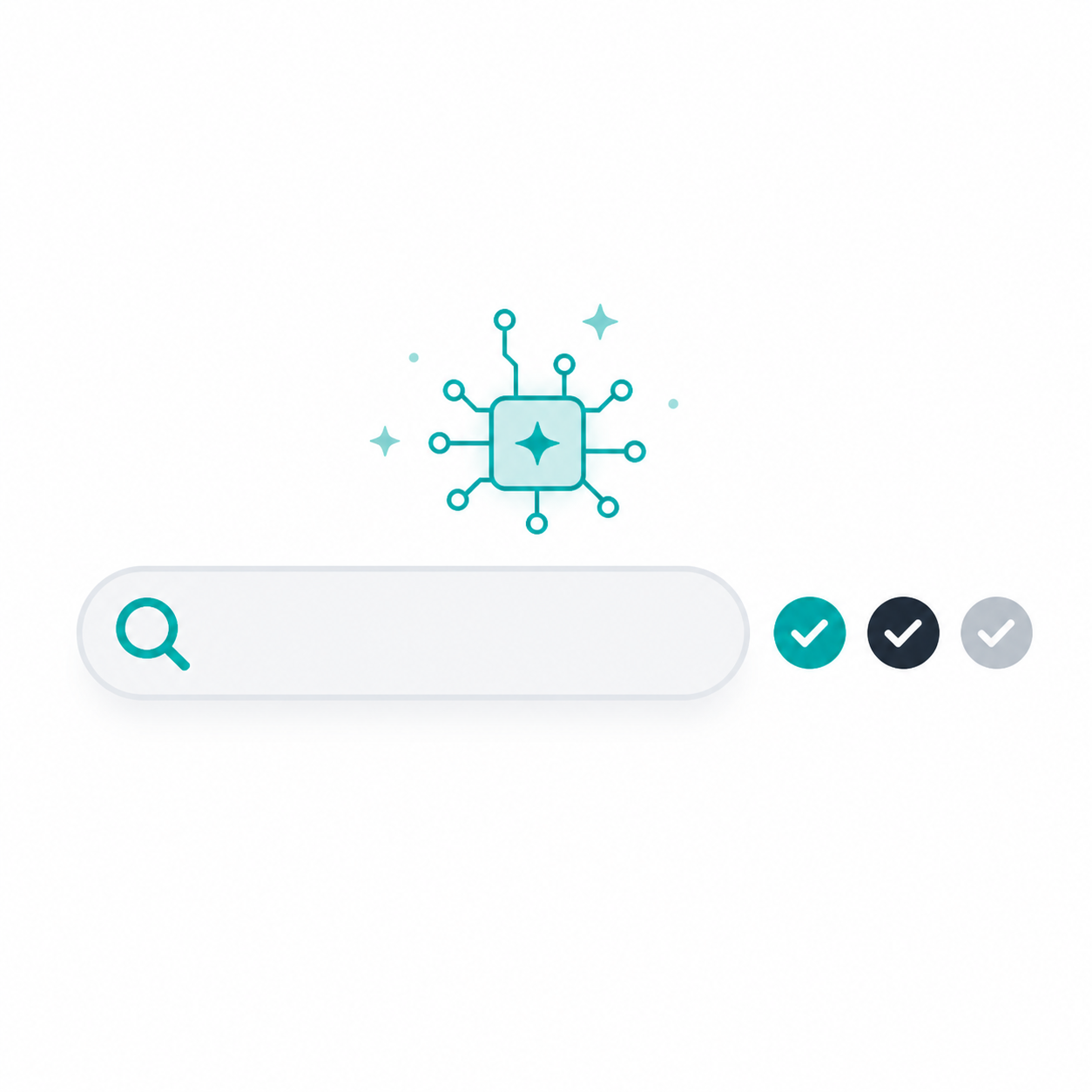 Illustrated AI-powered domain search interface with availability check icons and a magnifying glass