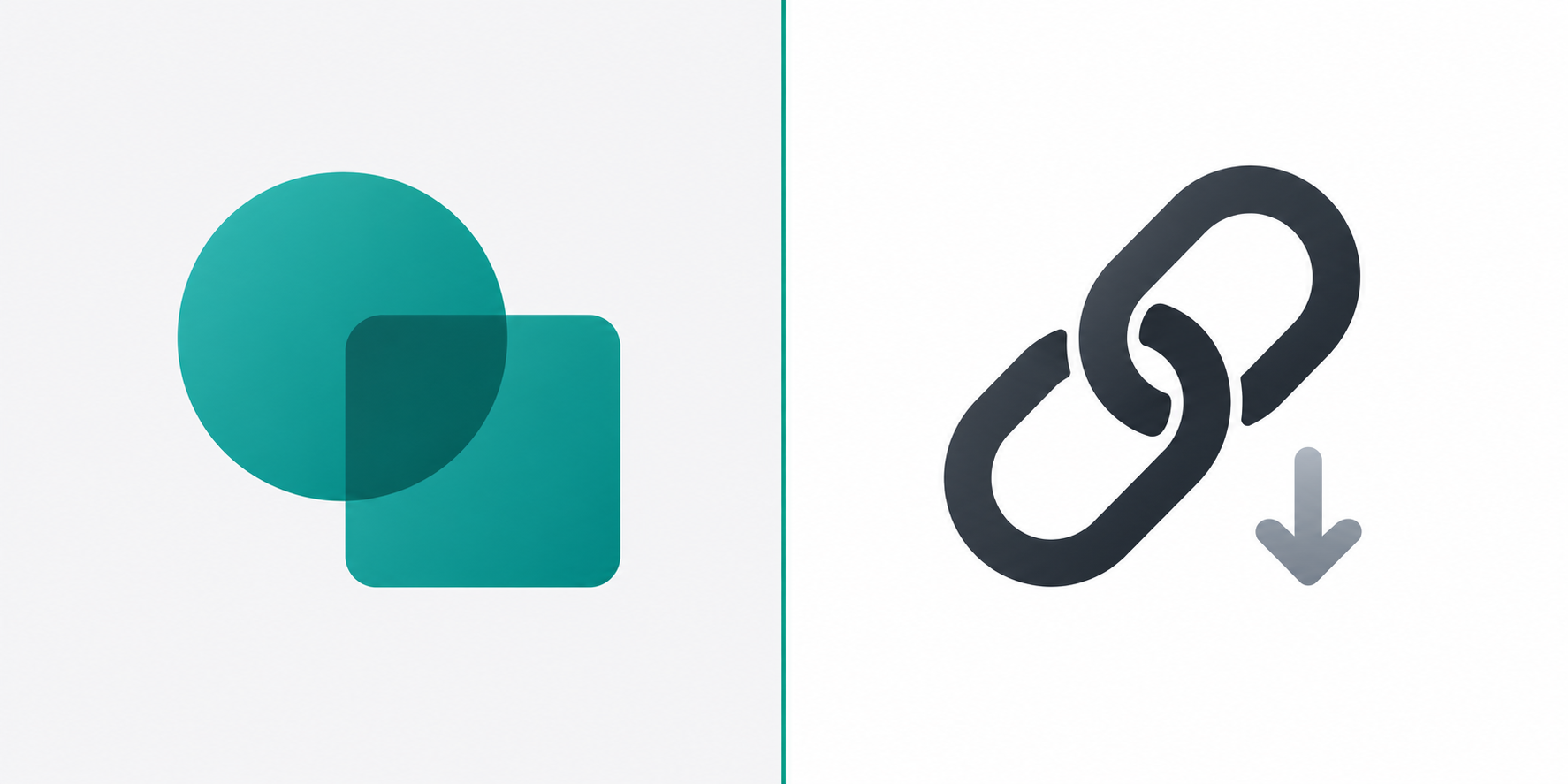 Split comparison illustration showing a simple branded logo shape on one side and a keyword chain icon on the other
