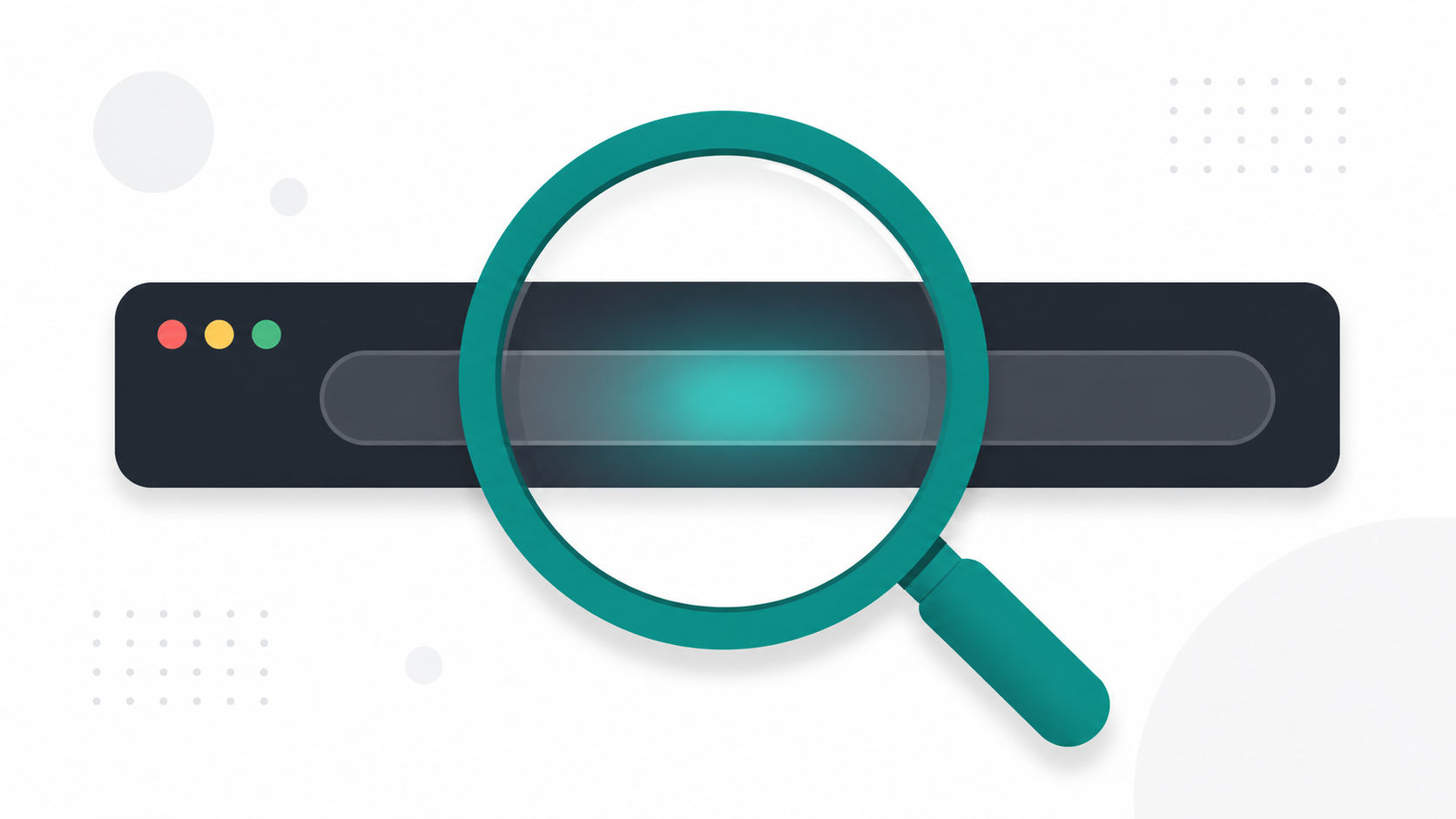 Illustration of a magnifying glass over a domain URL highlighting keyword matching in a search context