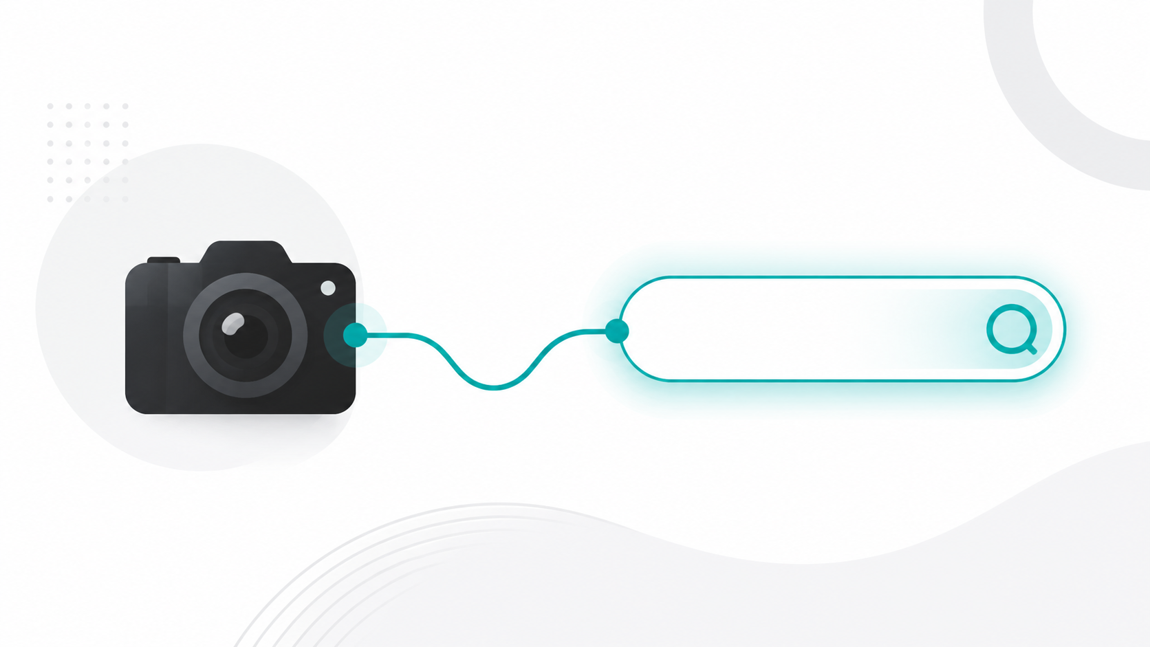 Minimalist flat illustration of a camera connected to a domain name search interface for a photography business website