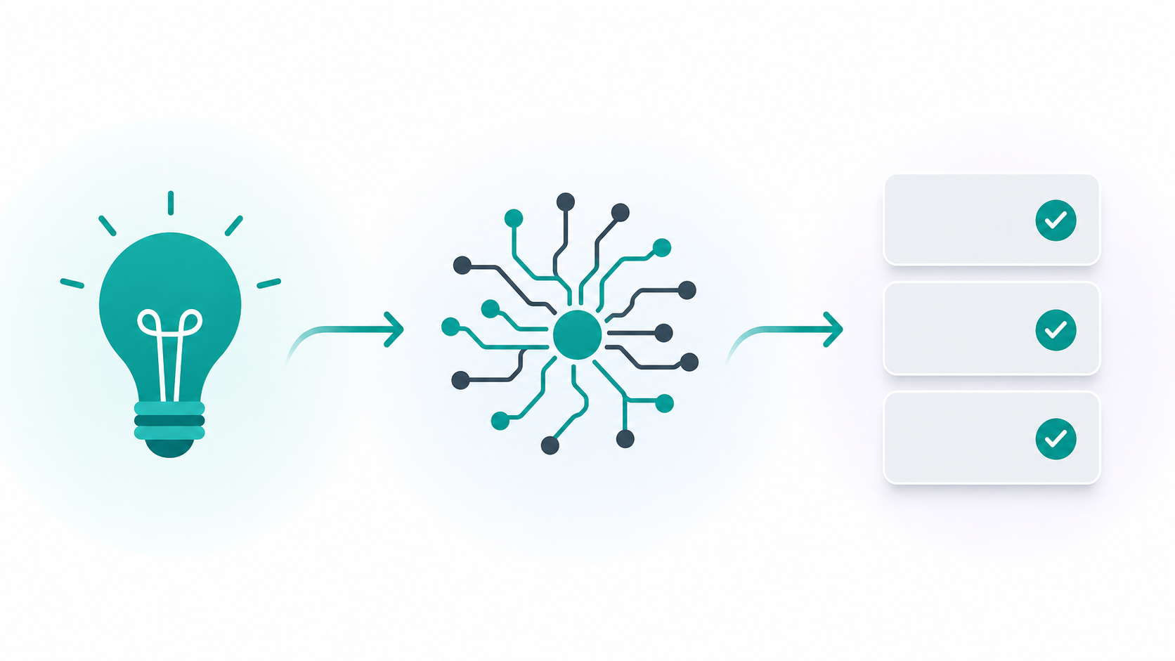 Abstract illustration of a business idea lightbulb flowing through an AI process into a list of verified available domain names