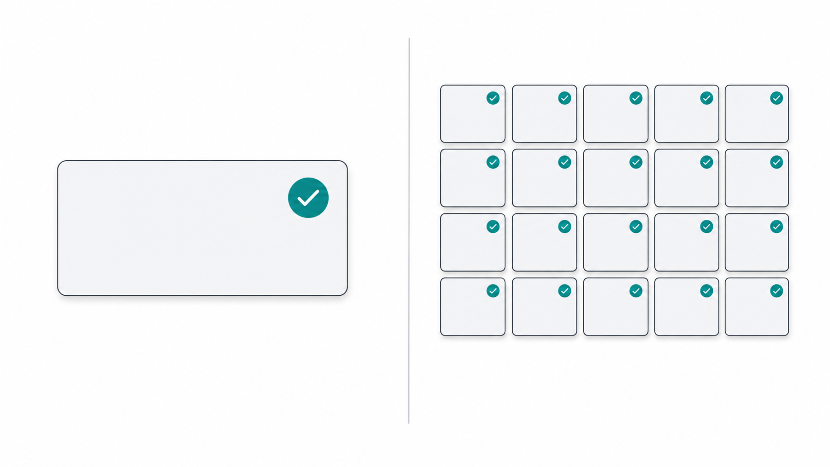 Illustration showing one domain result on the left contrasted with a grid of fifty domain suggestions on the right