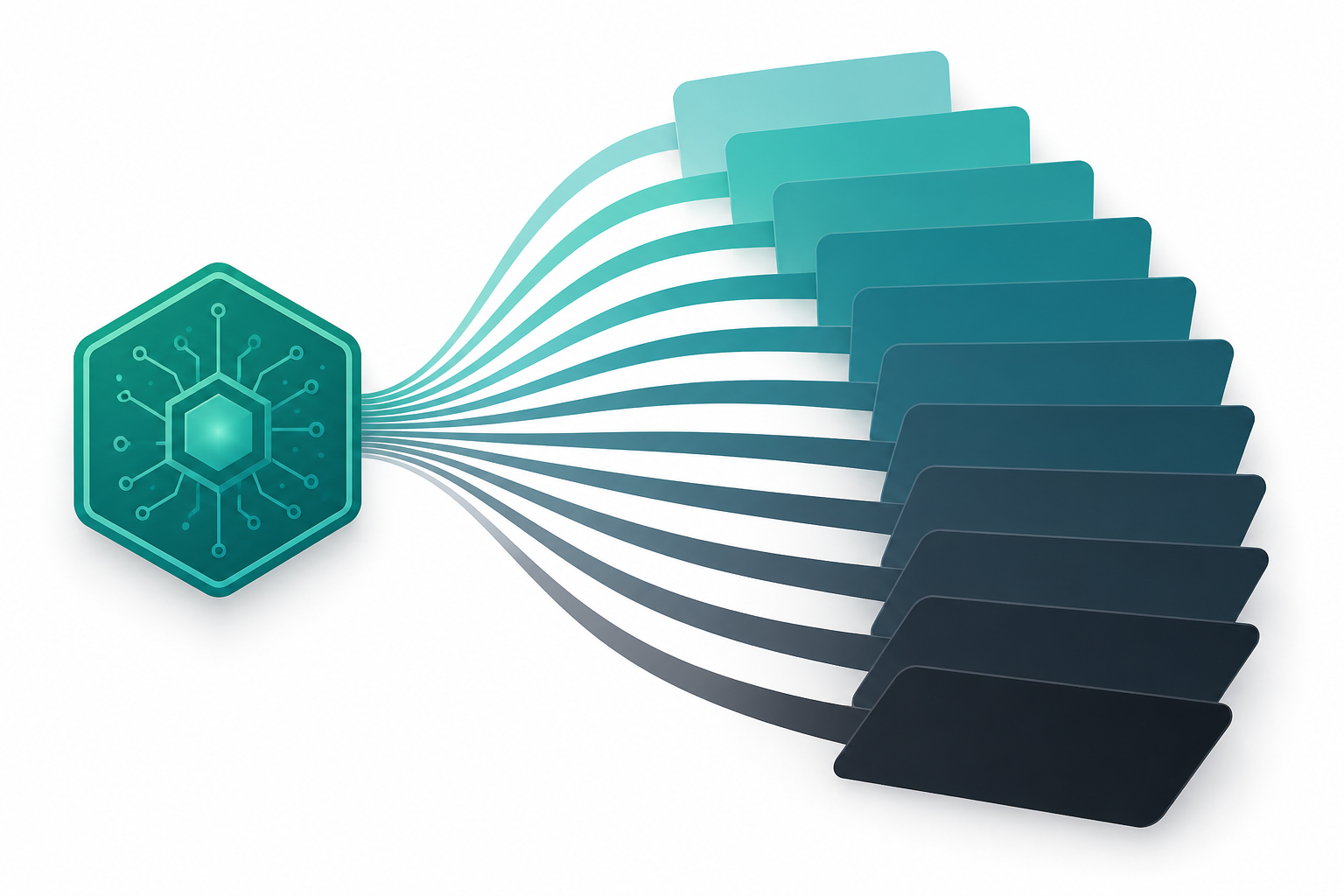 AI-powered domain name generator producing a stream of creative suggestions shown as flowing cards