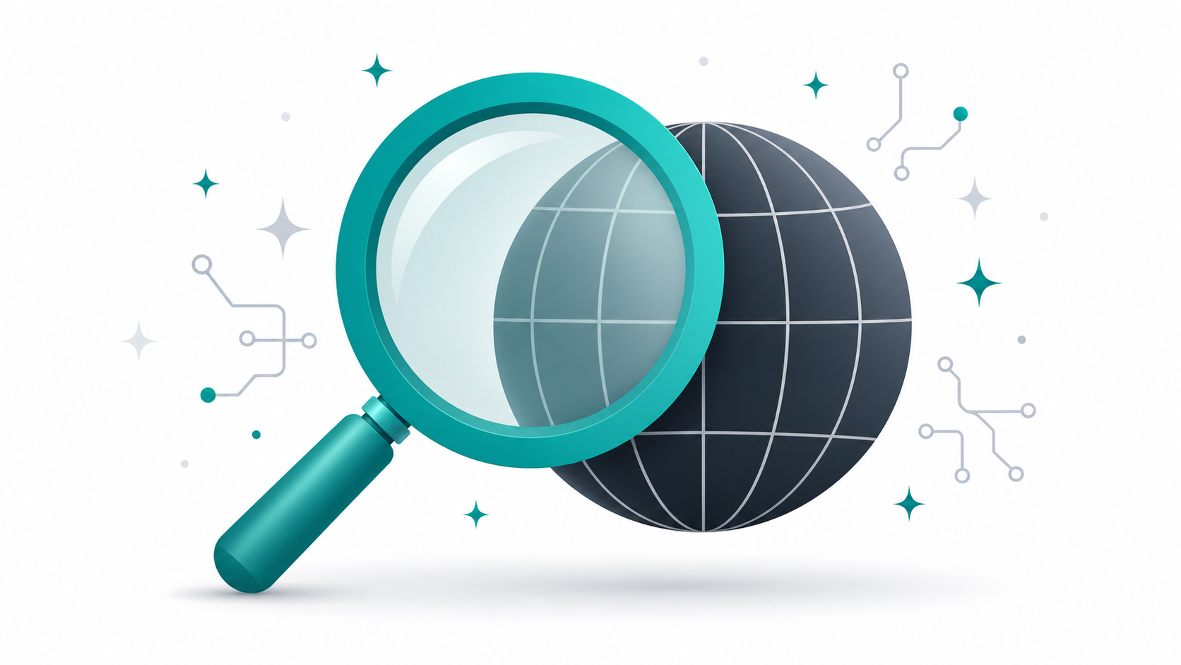 AI-powered domain name search interface concept showing a magnifying glass and domain globe icon