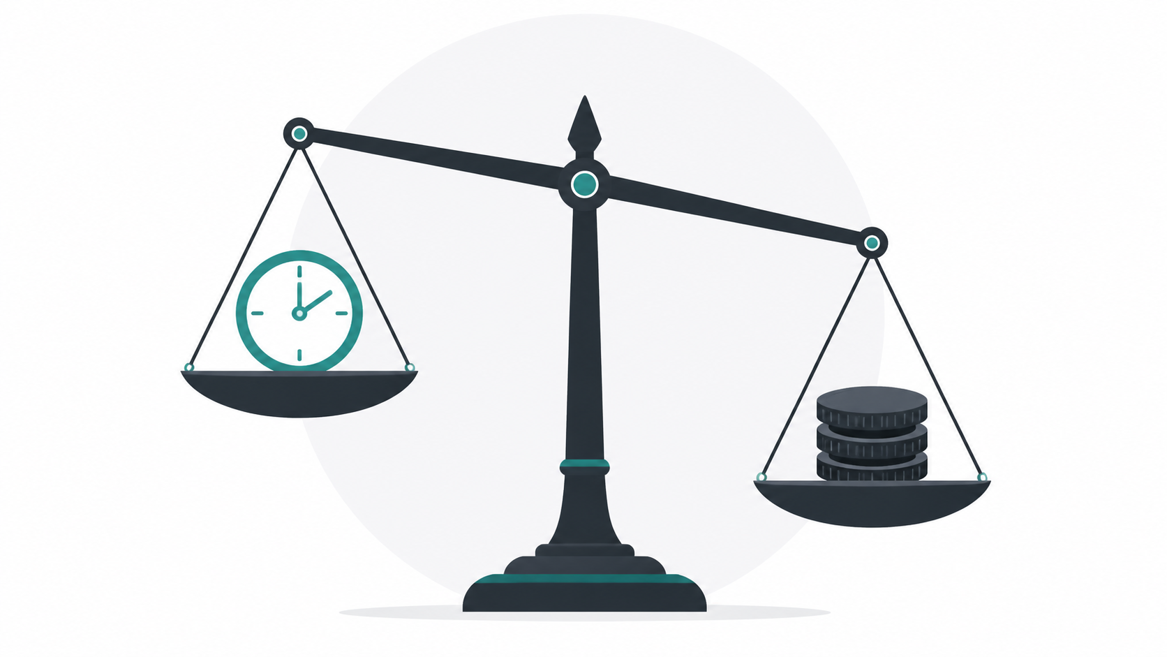 A clock and a coin scale illustrating the trade-off between a short time investment and large future costs