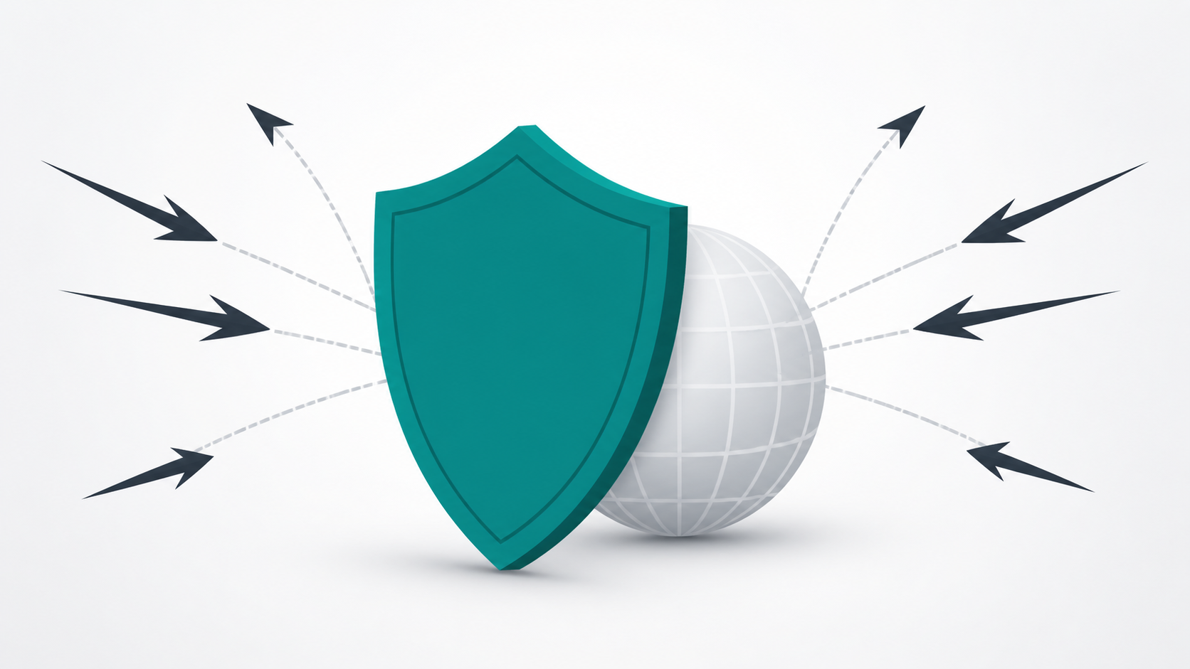 A teal shield protecting a brand domain globe from incoming threats, symbolising domain name brand protection strategies