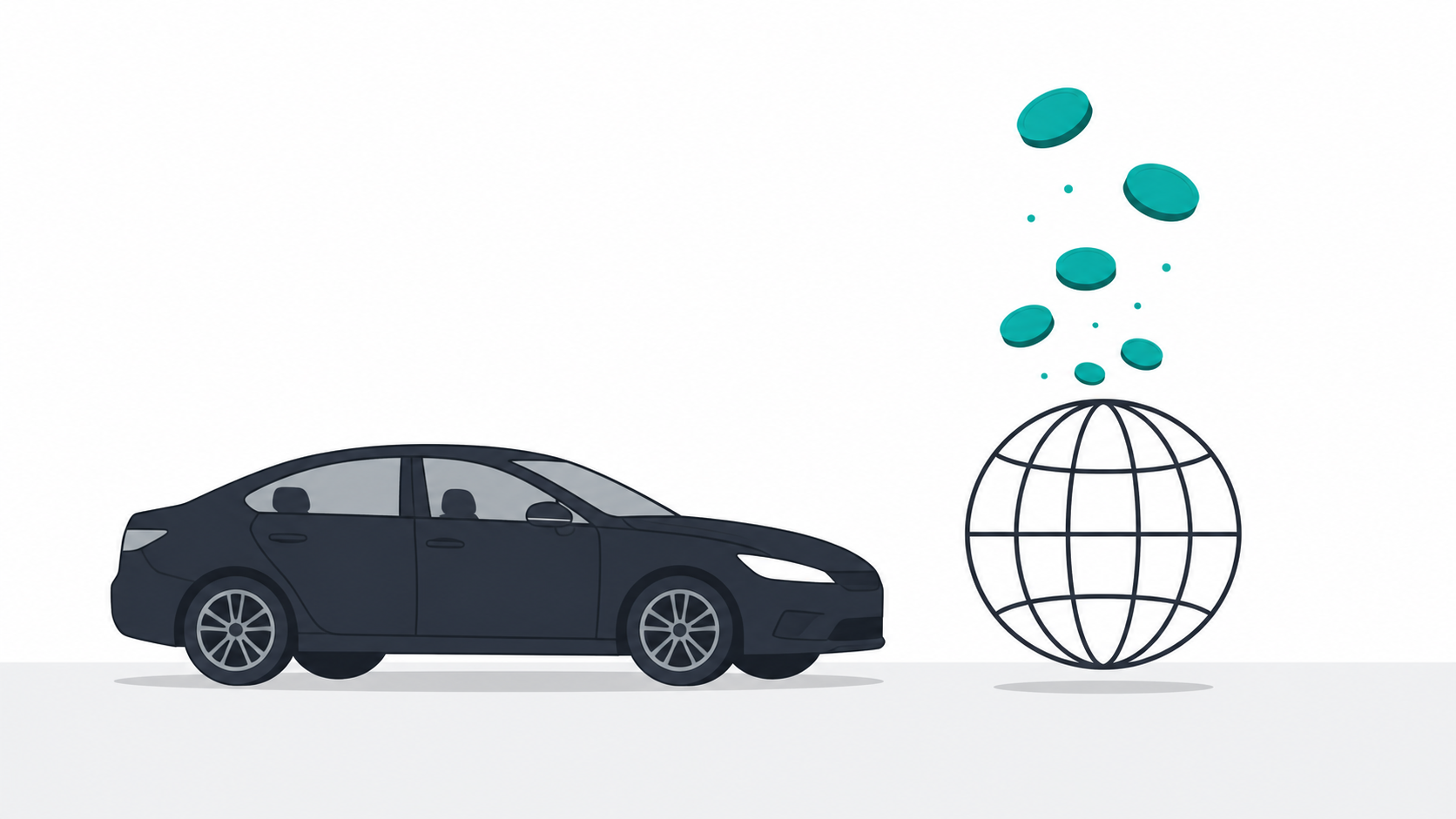 A parked car beside a domain globe with coin symbols floating above, representing revenue earned from parked domain names