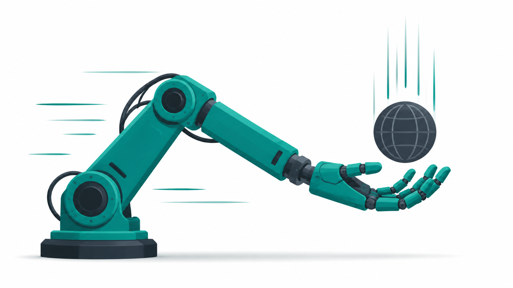 Automated robotic arm catching a falling domain globe the moment it expires, representing domain drop-catching tools
