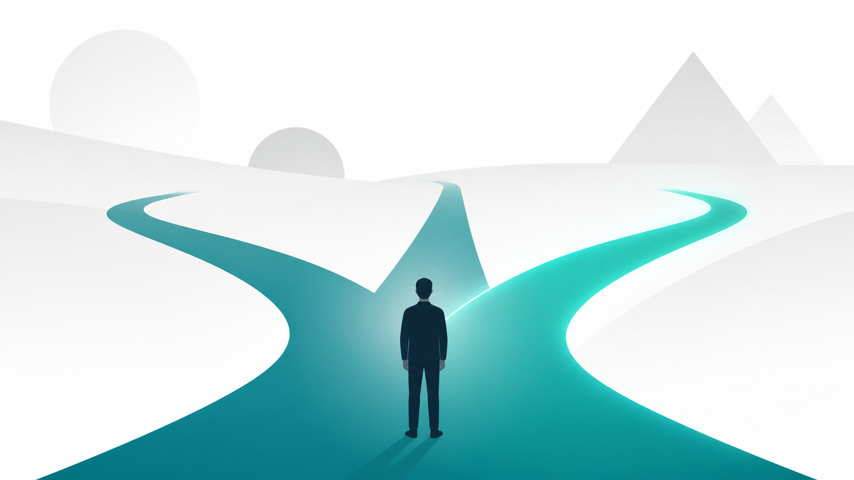 A flat illustration of a person at a desk choosing between multiple domain path options, representing startup domain decisions