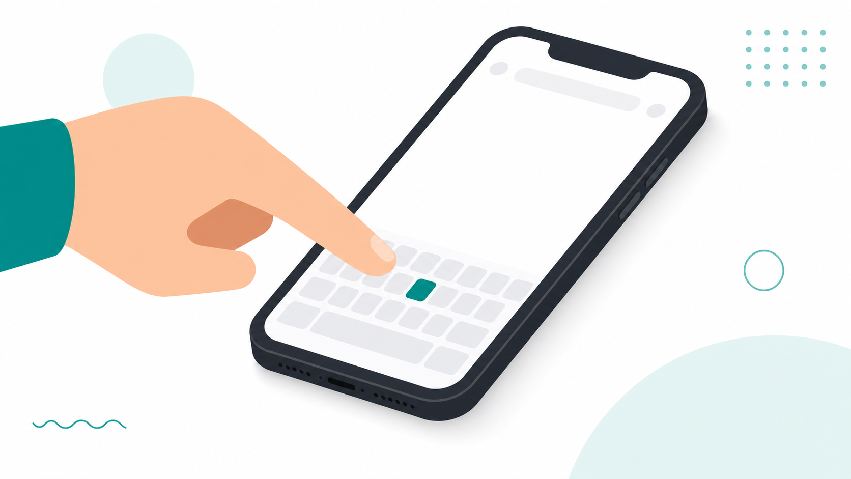 A hand typing a short domain name on a mobile phone keyboard, illustrating mobile usability of short domain names