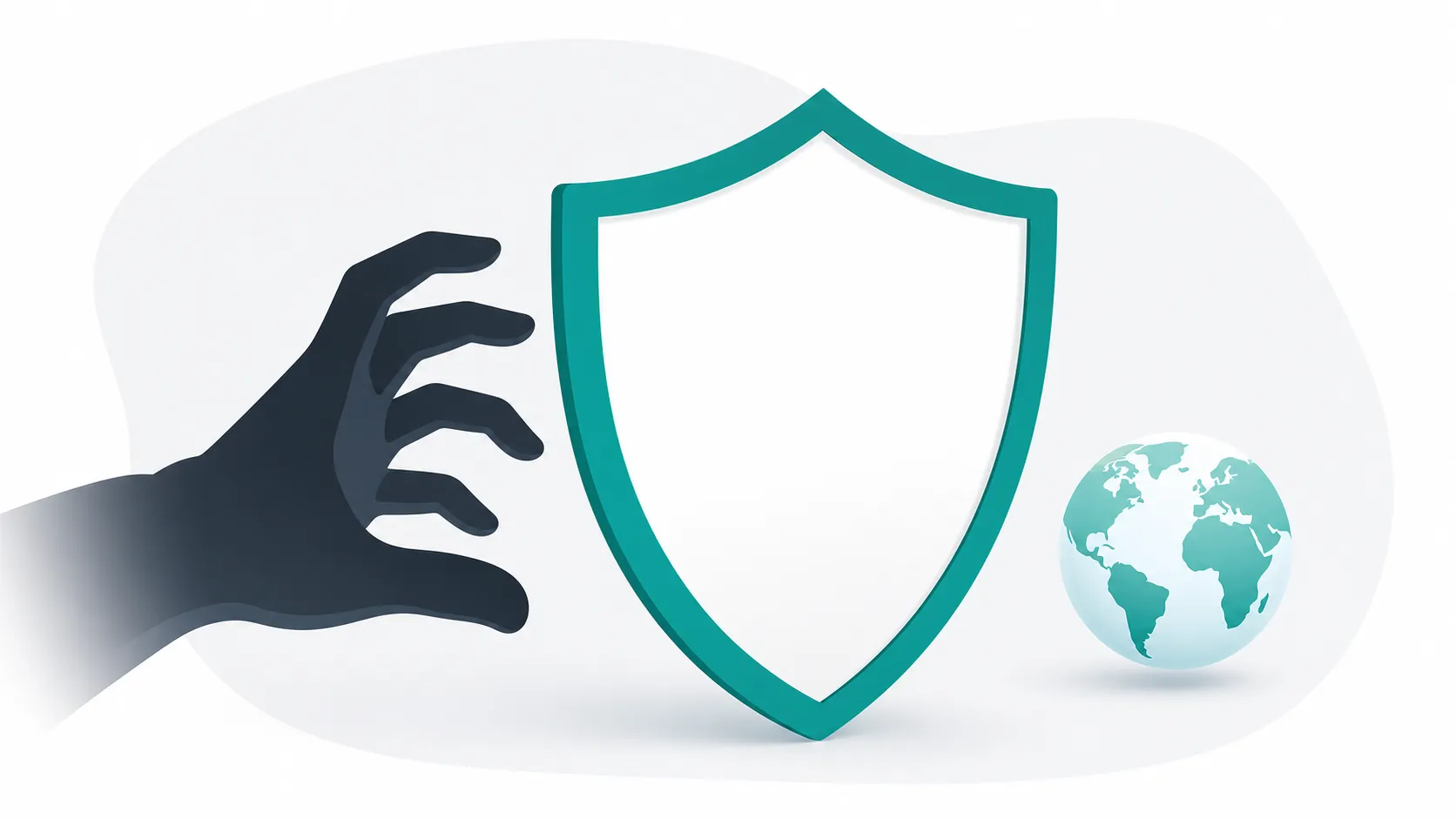 A warning shield icon with a shadowy hand reaching toward a domain globe, illustrating domain front-running risk