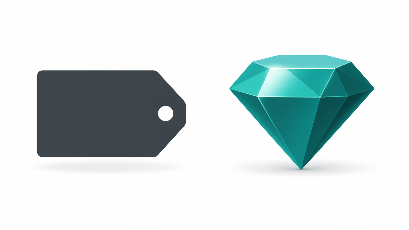 Two contrasting domain name styles illustrated as a dull grey tag versus a vibrant teal gem, showing keyword versus brandable naming