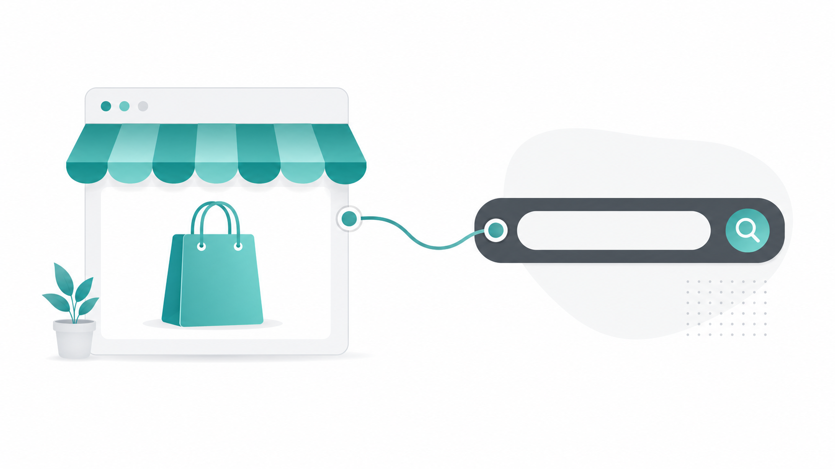 A clean online store storefront icon connected to a domain name search interface for ecommerce