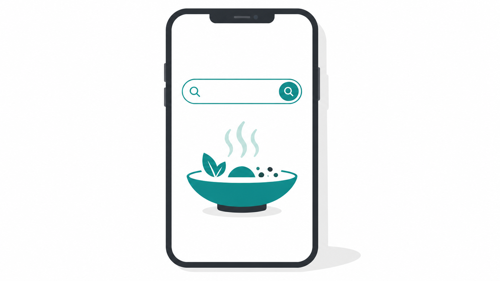 A smartphone with a search bar and food bowl icon illustrating mobile domain search for hungry customers