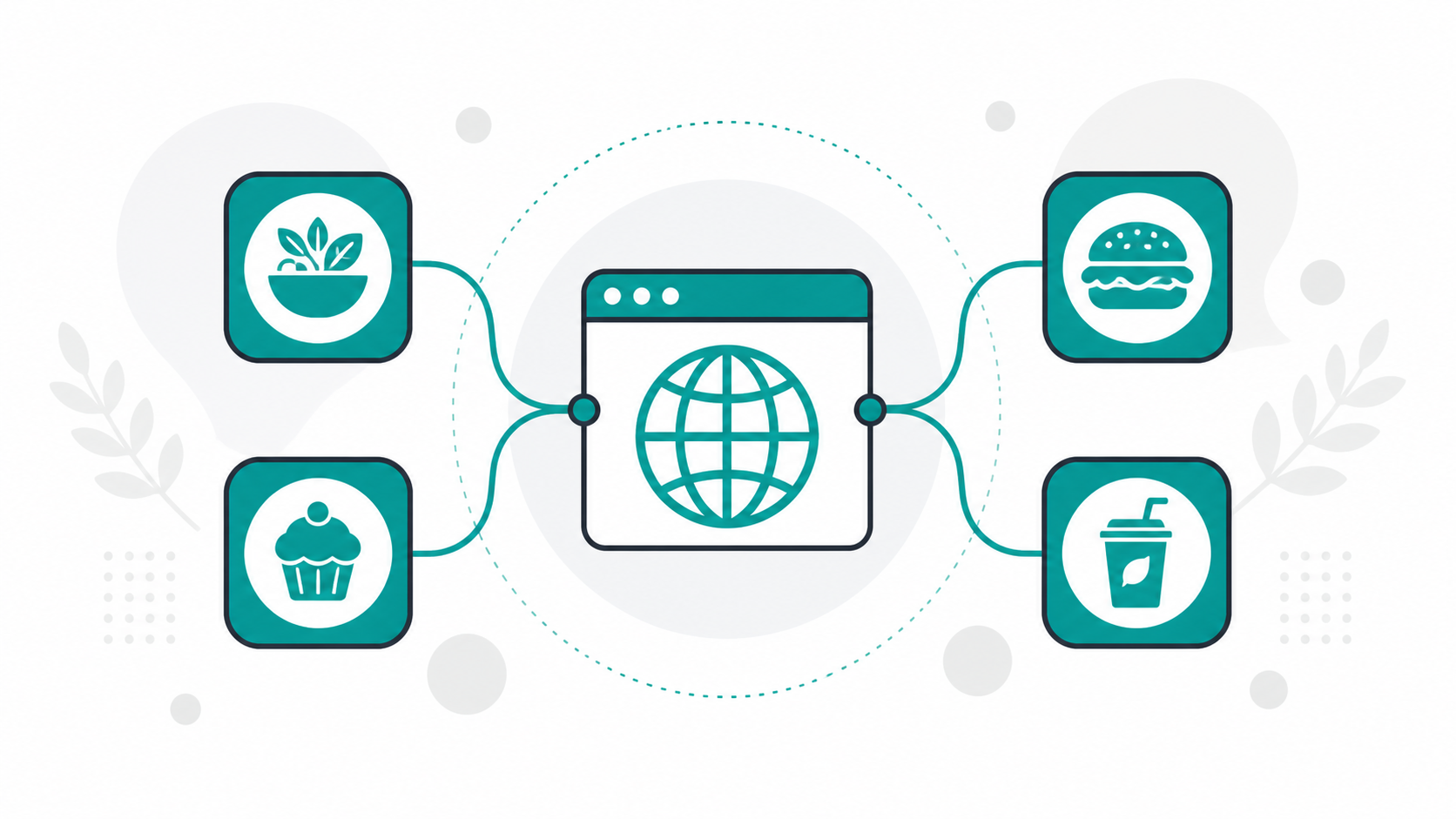 Interconnected social and web icons illustrating brand consistency across domain and social handles for restaurants