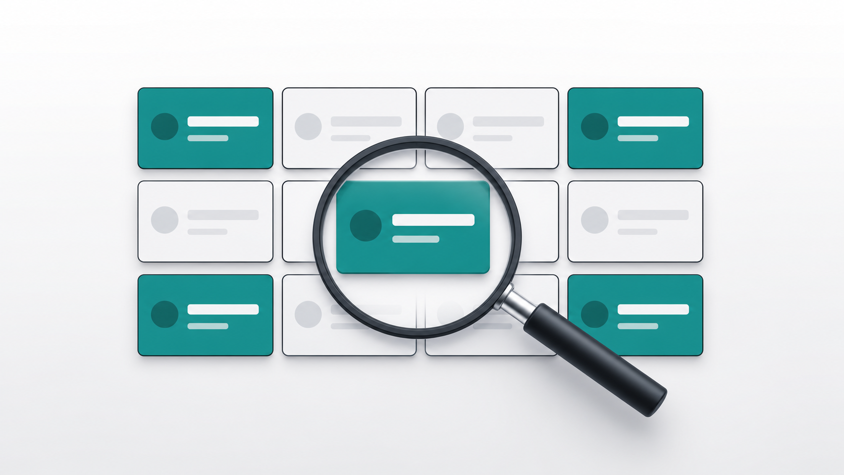 Magnifying glass hovering over a set of domain name cards arranged in a clean grid layout