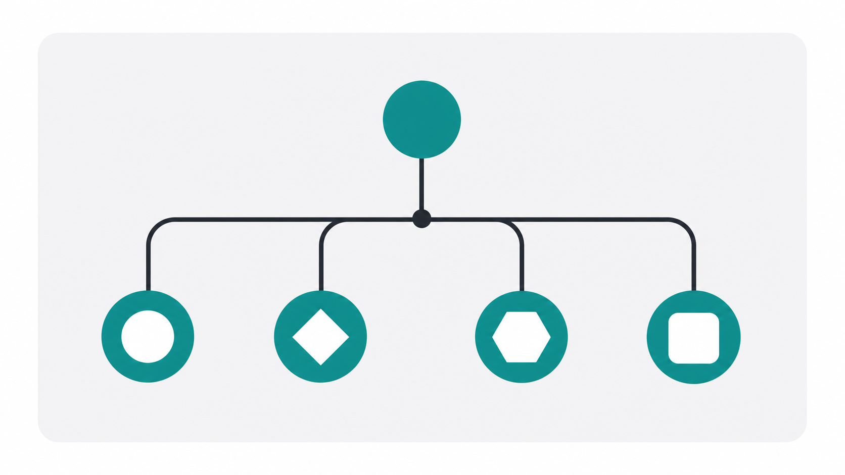 Four distinct icon shapes connected by a branching diagram representing different SaaS product naming strategies