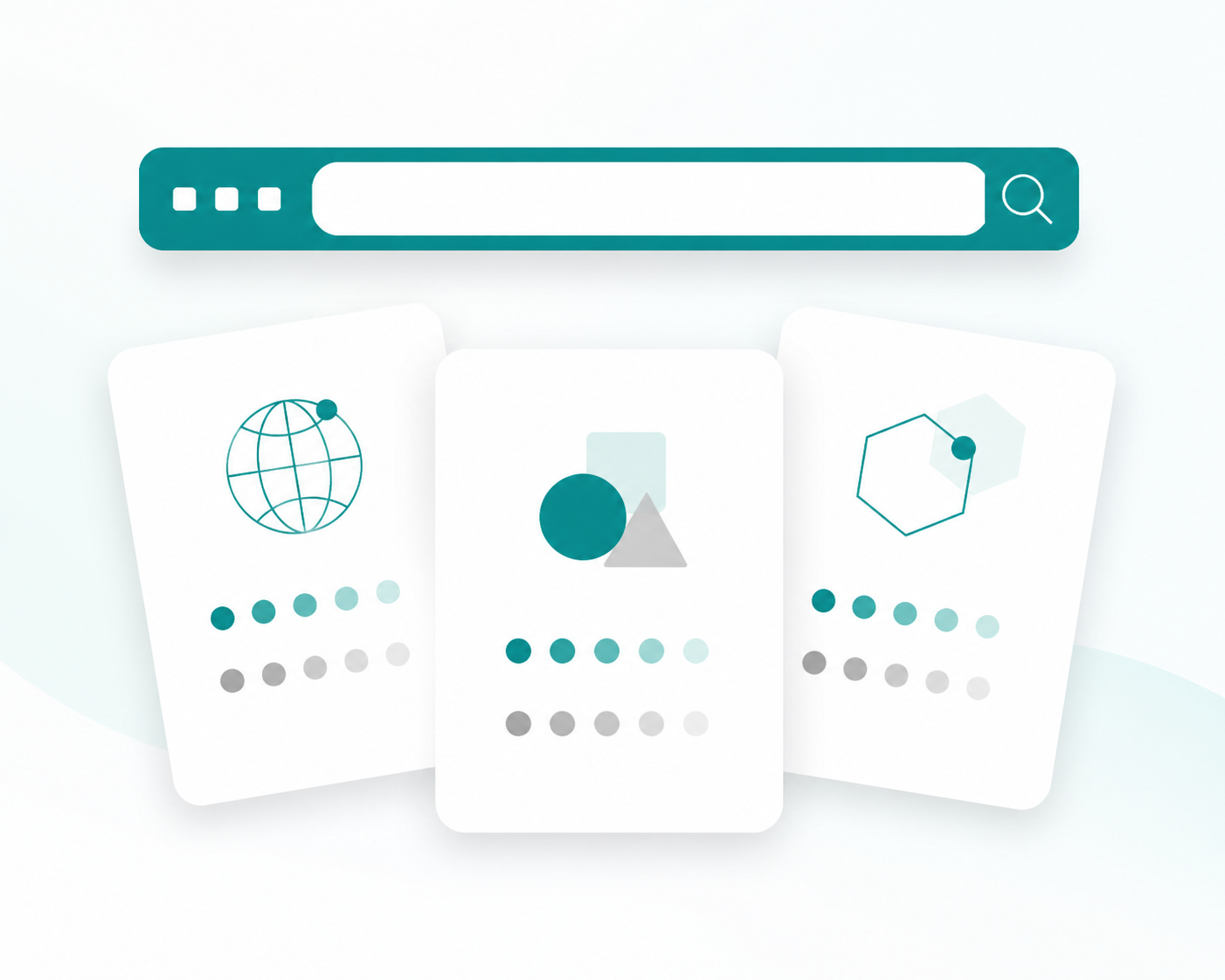 Abstract AI-powered domain search interface showing suggestion cards emerging from a search bar for charities