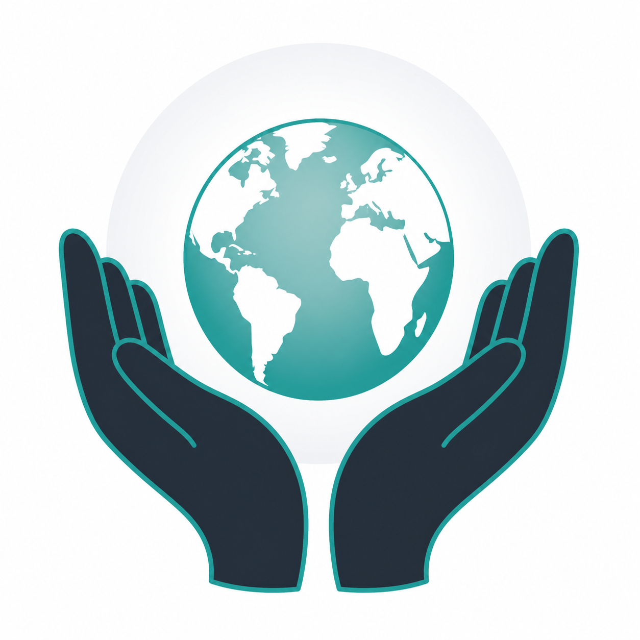 Two hands cradling a globe icon representing a nonprofit charity with global and local mission scope