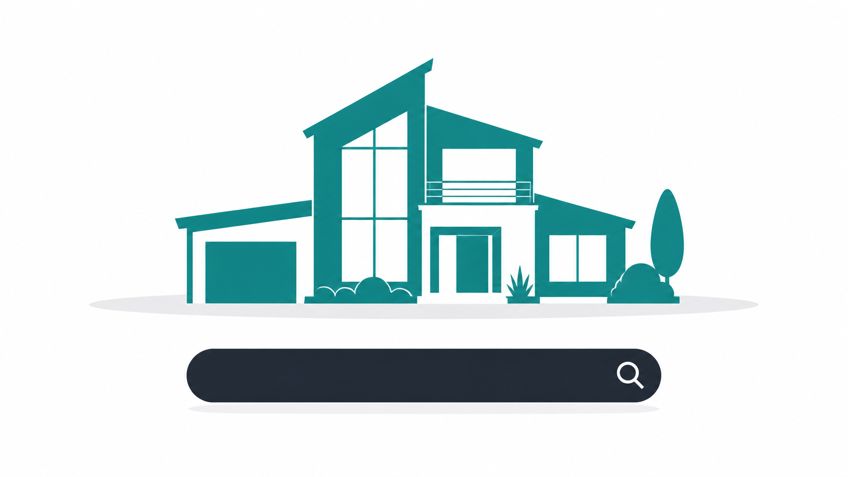 A modern house icon connected to a domain name search interface for a real estate business website
