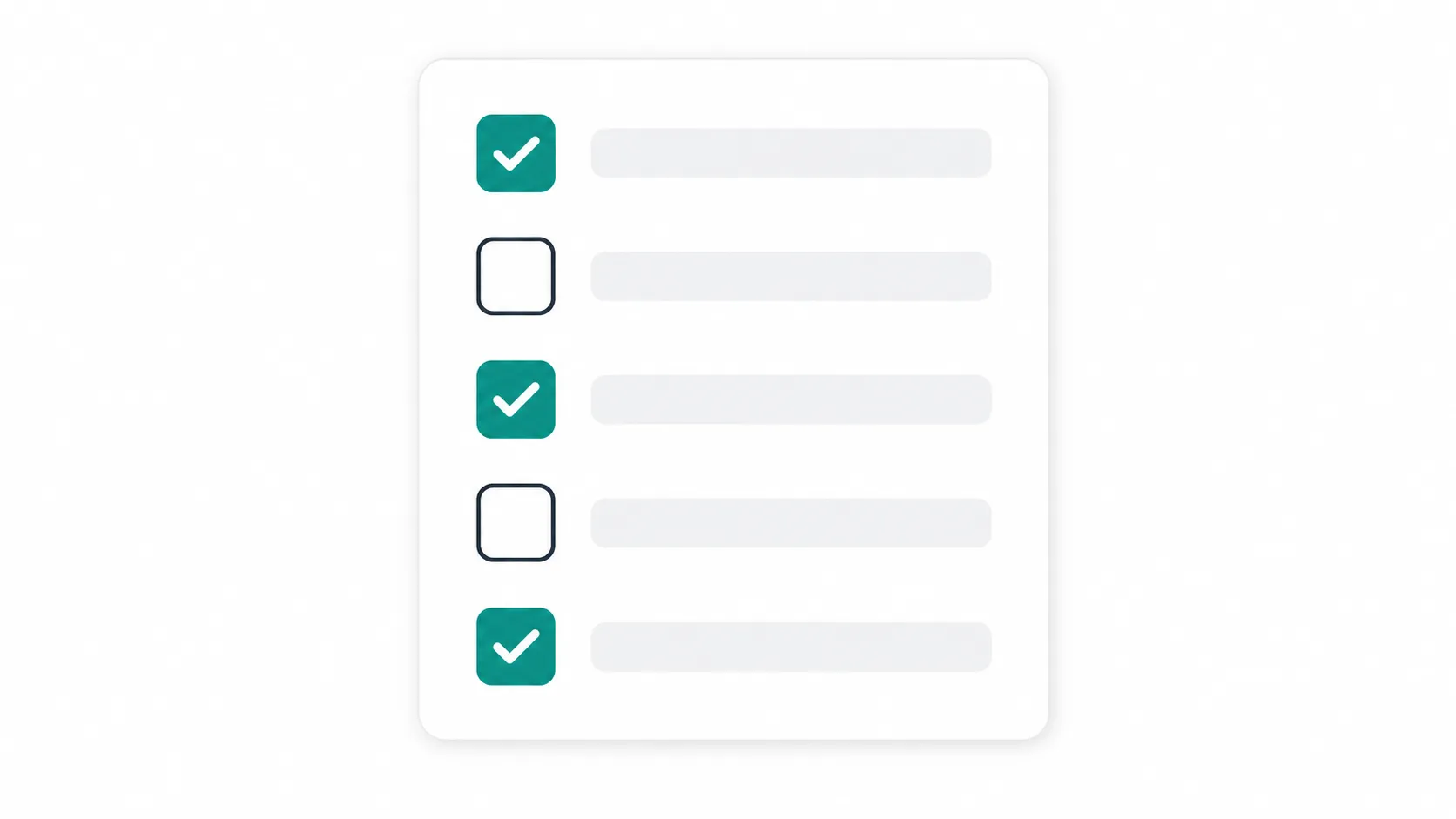 Startup domain name launch checklist shown as a vertical series of ticked checkboxes in teal and dark grey flat illustration