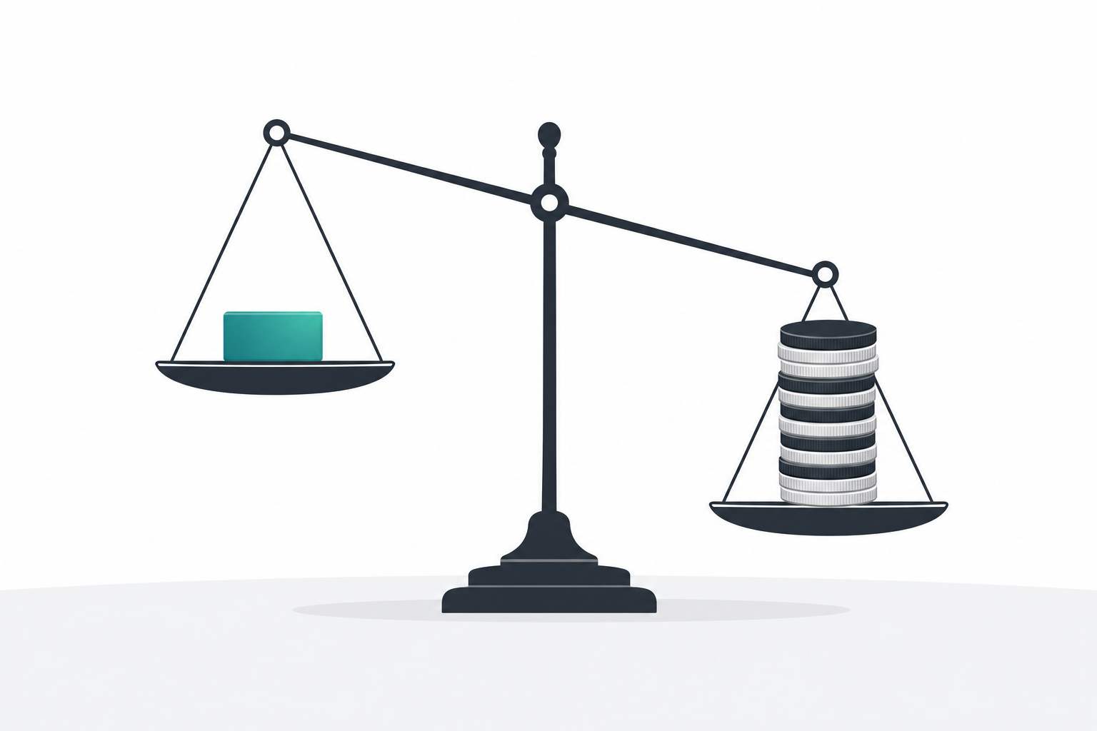 Balance scale showing a short compact domain block outweighing a stack of coins, representing high premium domain pricing