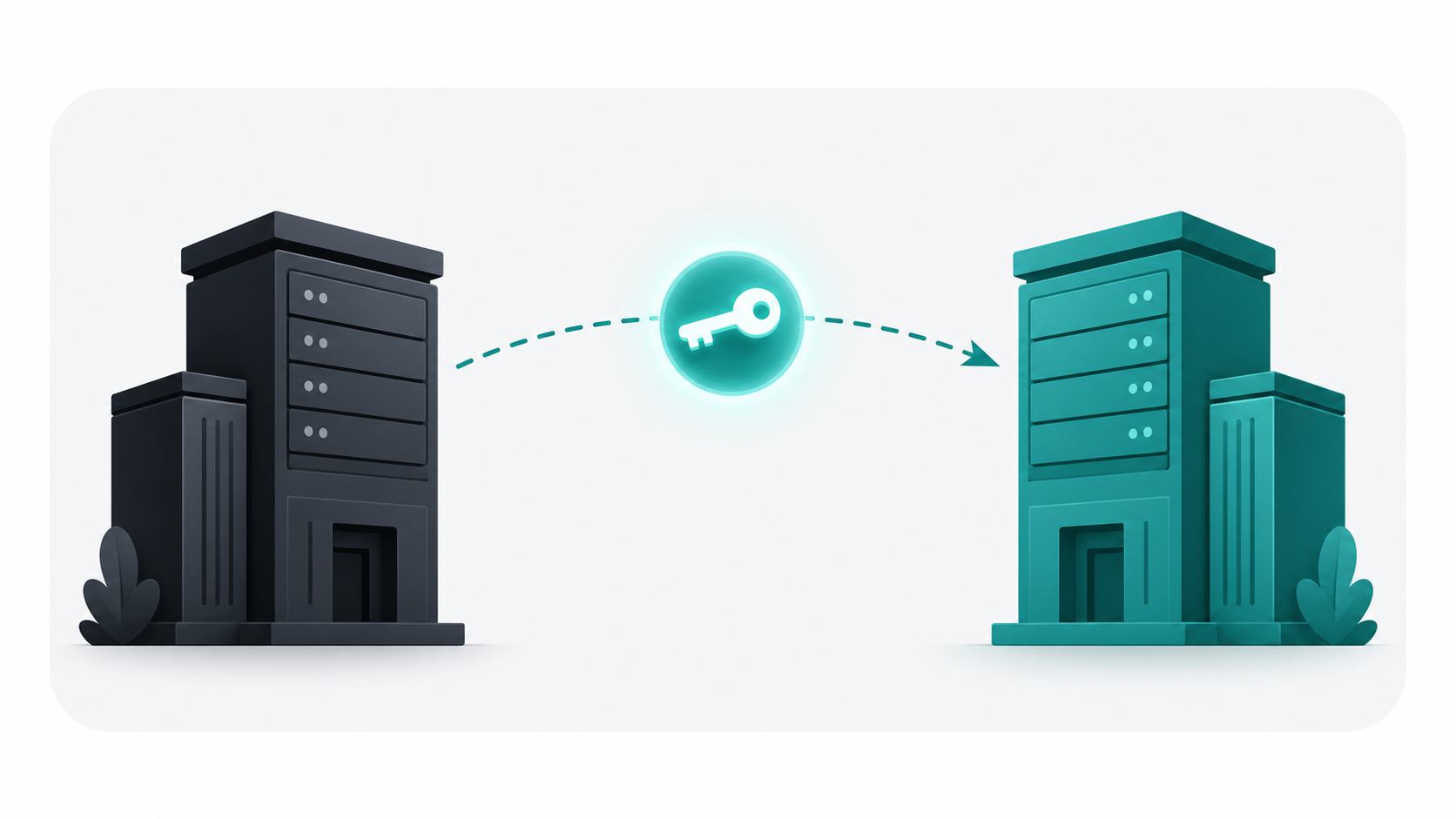 Abstract illustration of a secure authorization code being passed between two registrar icons during a domain transfer