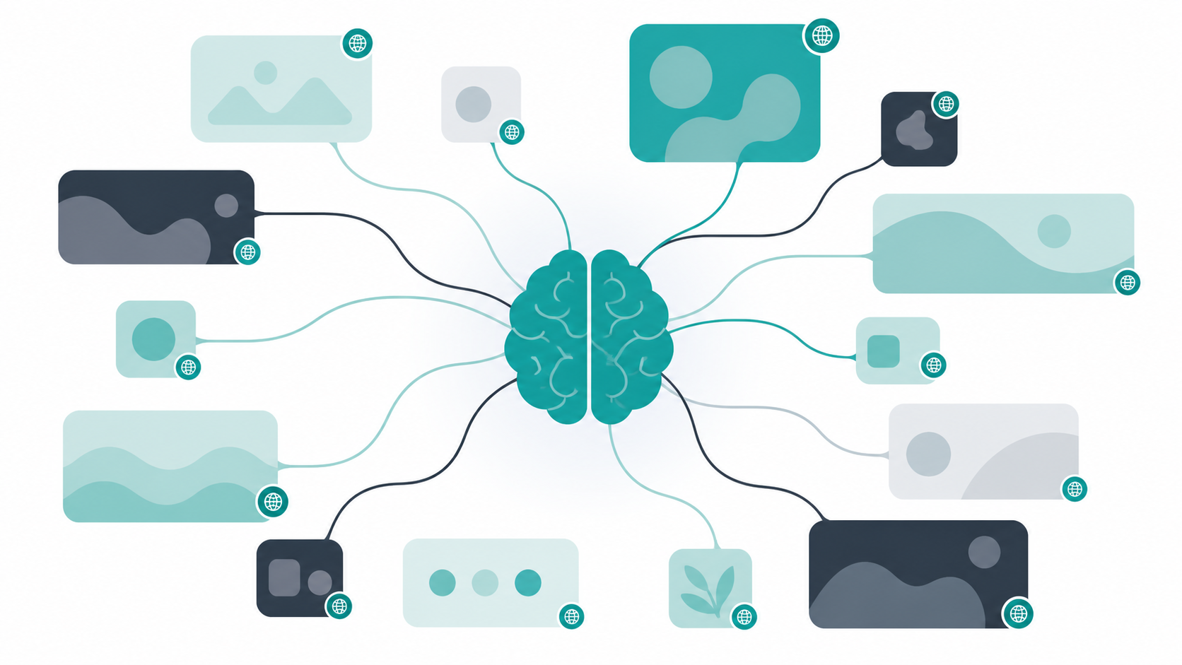 AI-powered domain name generation concept showing creative branching ideas emerging from a central brain or network node