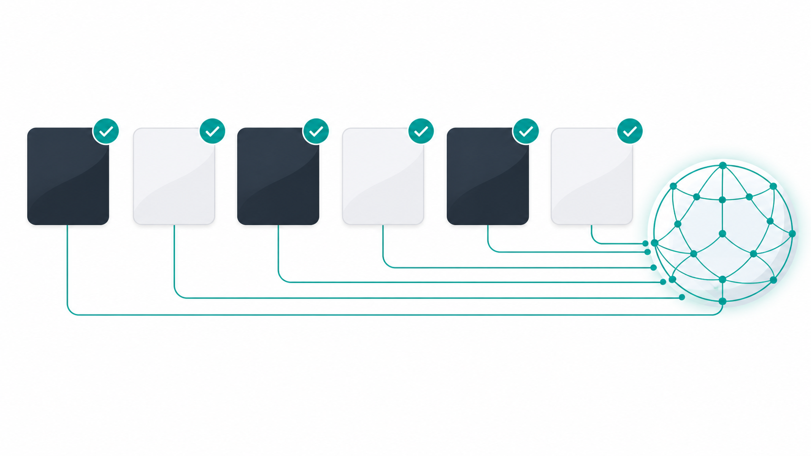 Real-time domain availability checking concept with green checkmarks and domain cards connected to a live data network