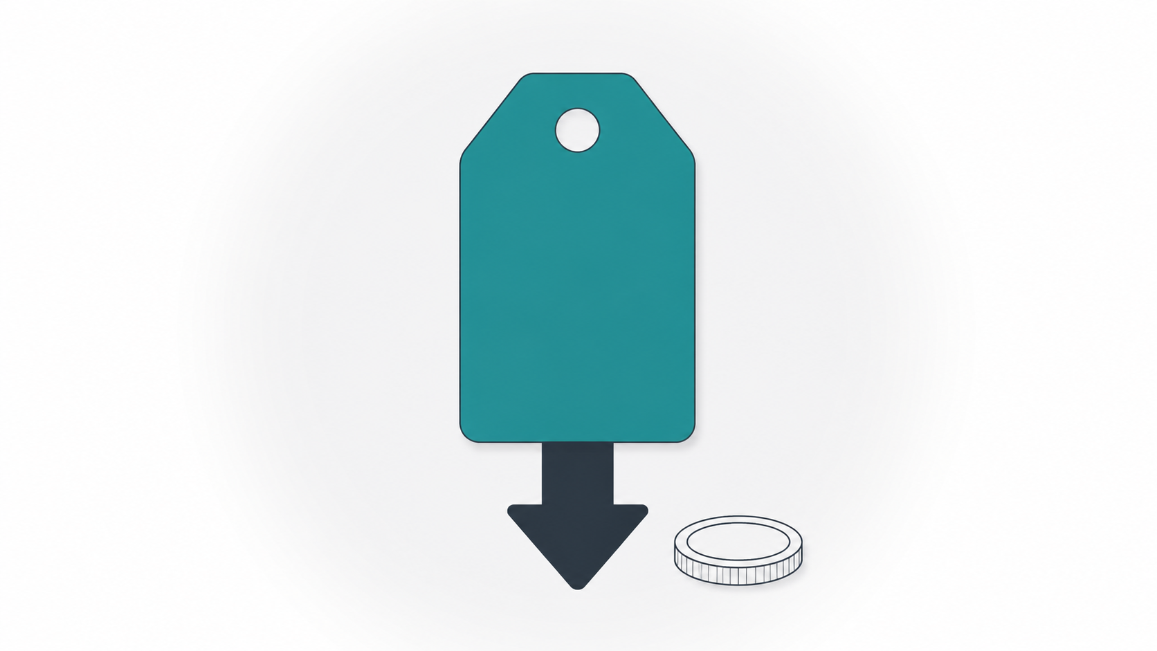 Flat illustration of a price tag and downward arrow representing wholesale domain registration cost with no markup