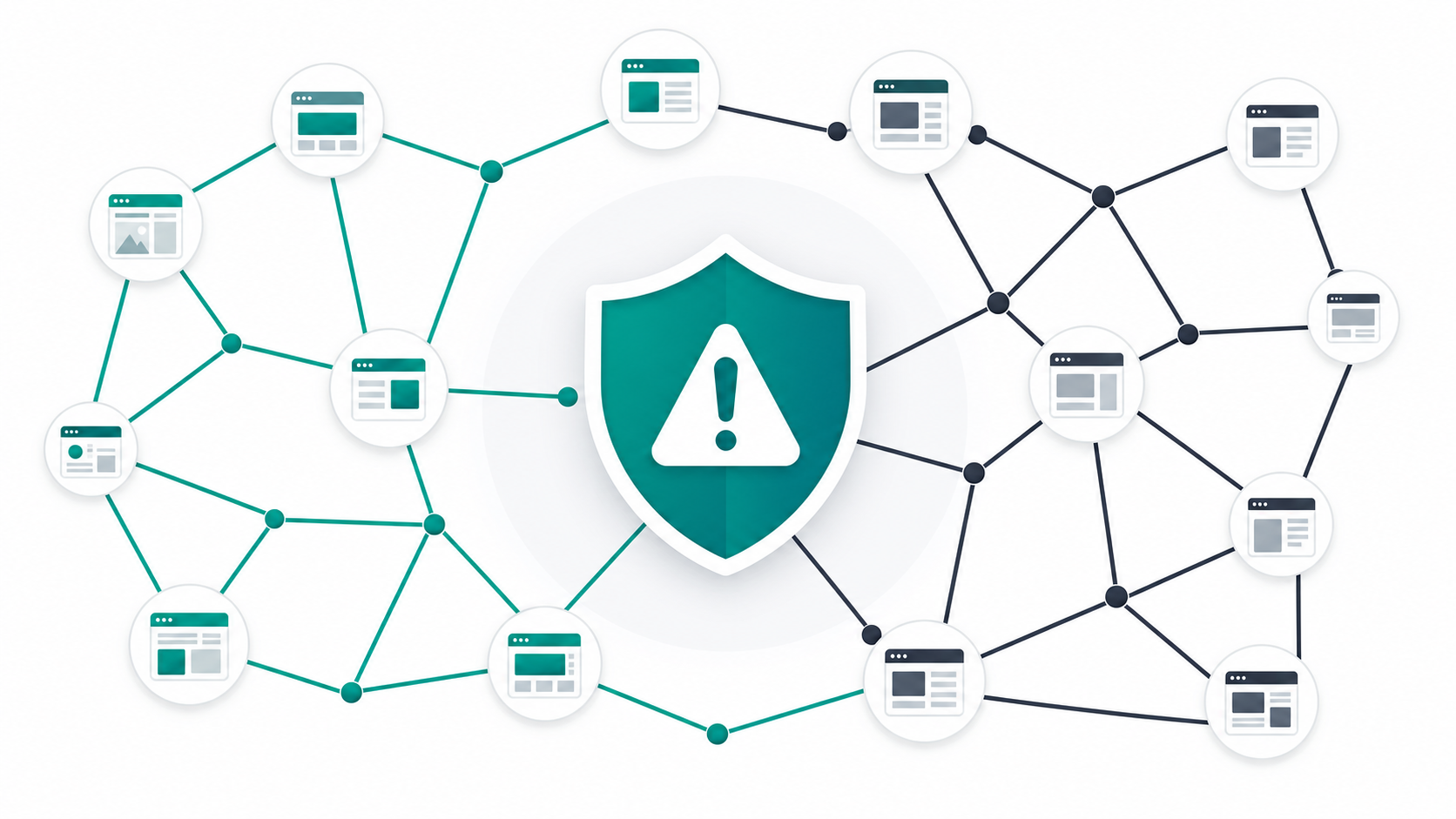 Illustration of a warning shield overlaid on a network of backlinks, representing hidden risks in expired domain backlink profiles