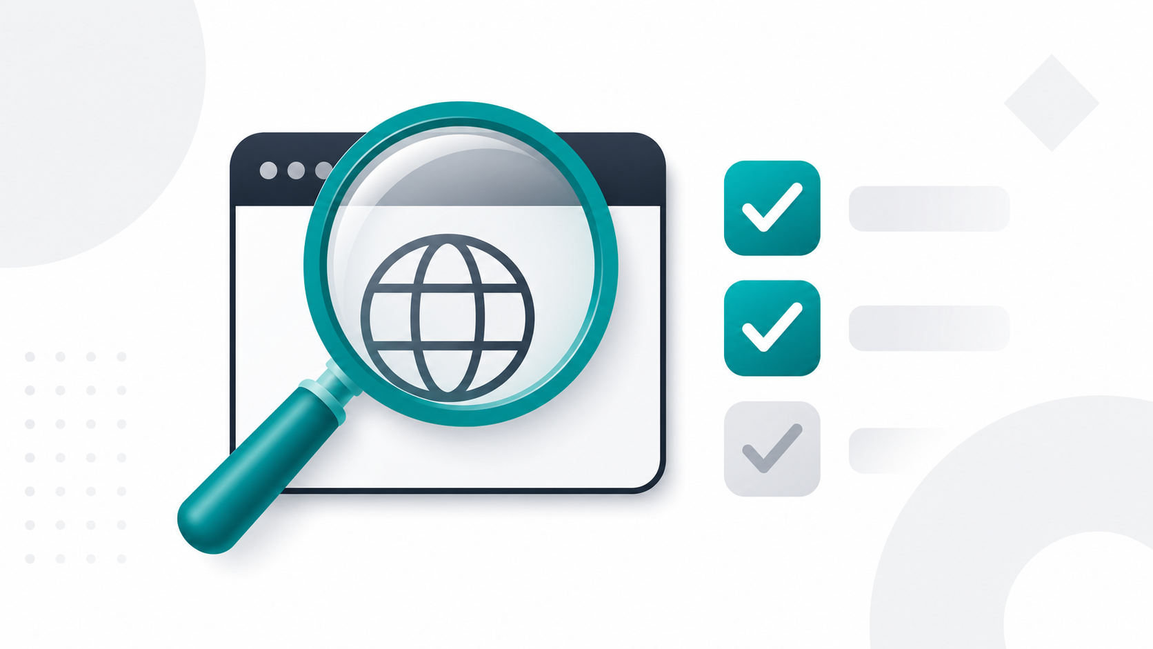 Illustration of a magnifying glass inspecting a domain icon with a checklist, representing expired domain due diligence evaluation