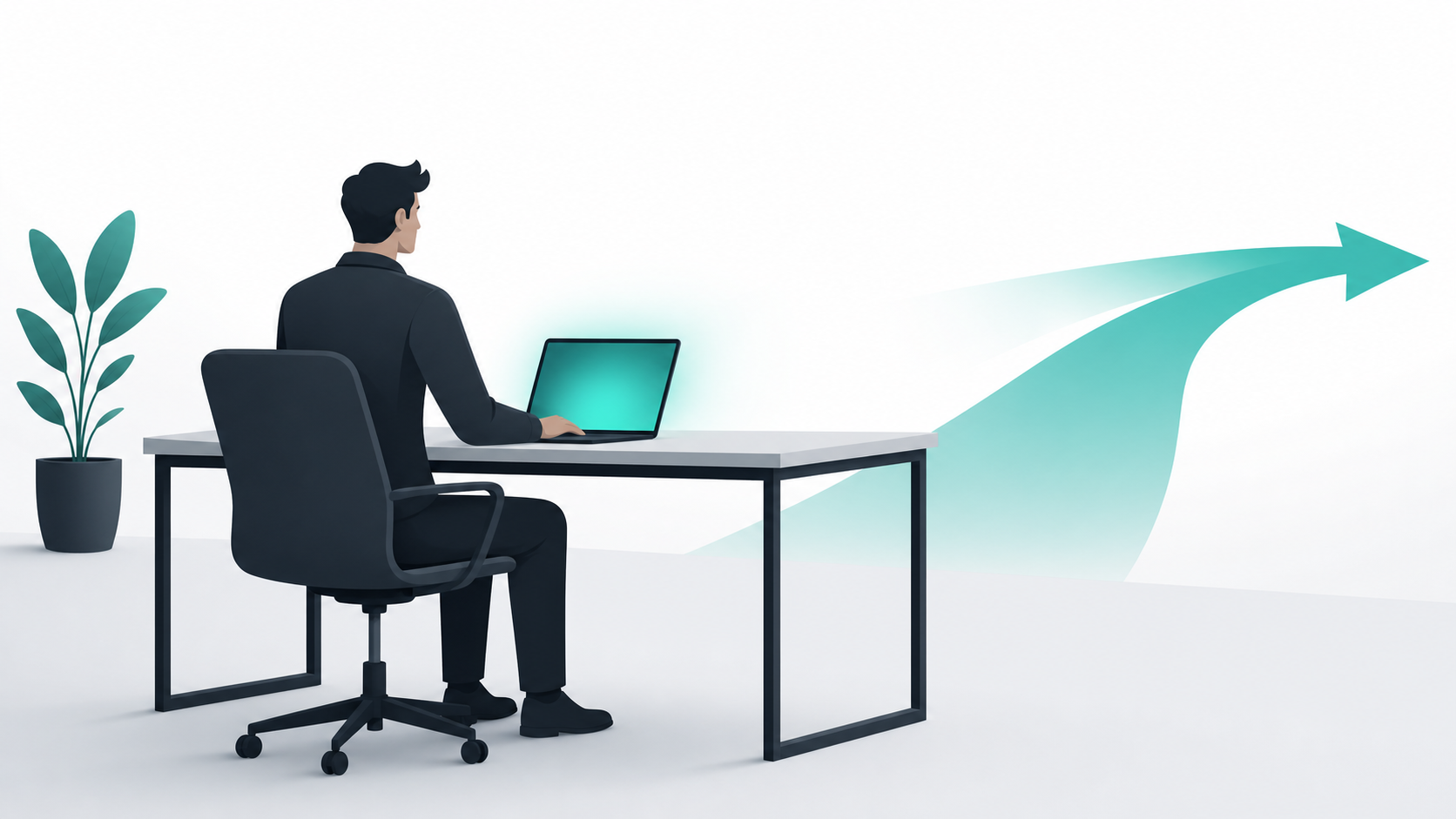 Confident figure at a clear desk with a single glowing screen, representing a founder moving forward after finding a domain name quickly