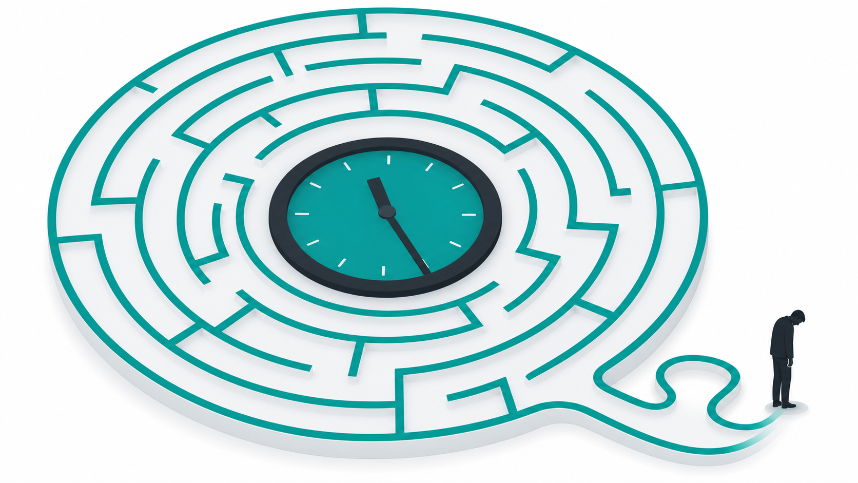 Large clock face with a winding maze path around it symbolising hours wasted during a long domain name search process
