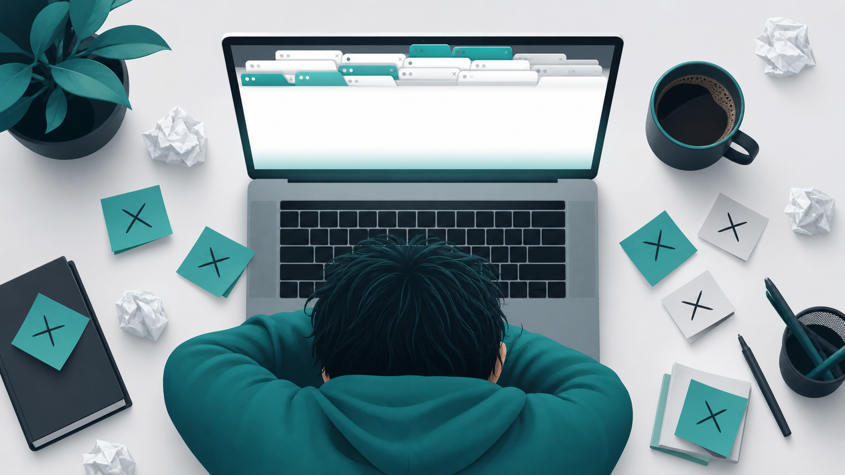 Person sitting at a desk surrounded by rejected domain name searches on multiple browser tabs, showing domain search frustration