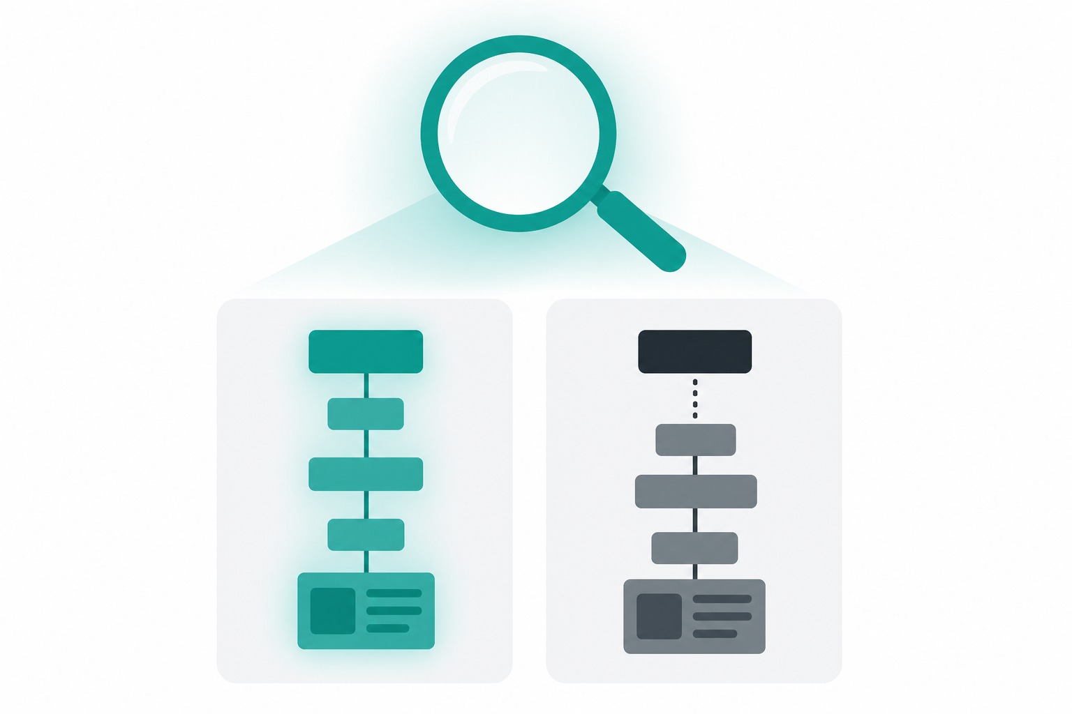 Abstract illustration of a search engine evaluating and ranking two different domain structures