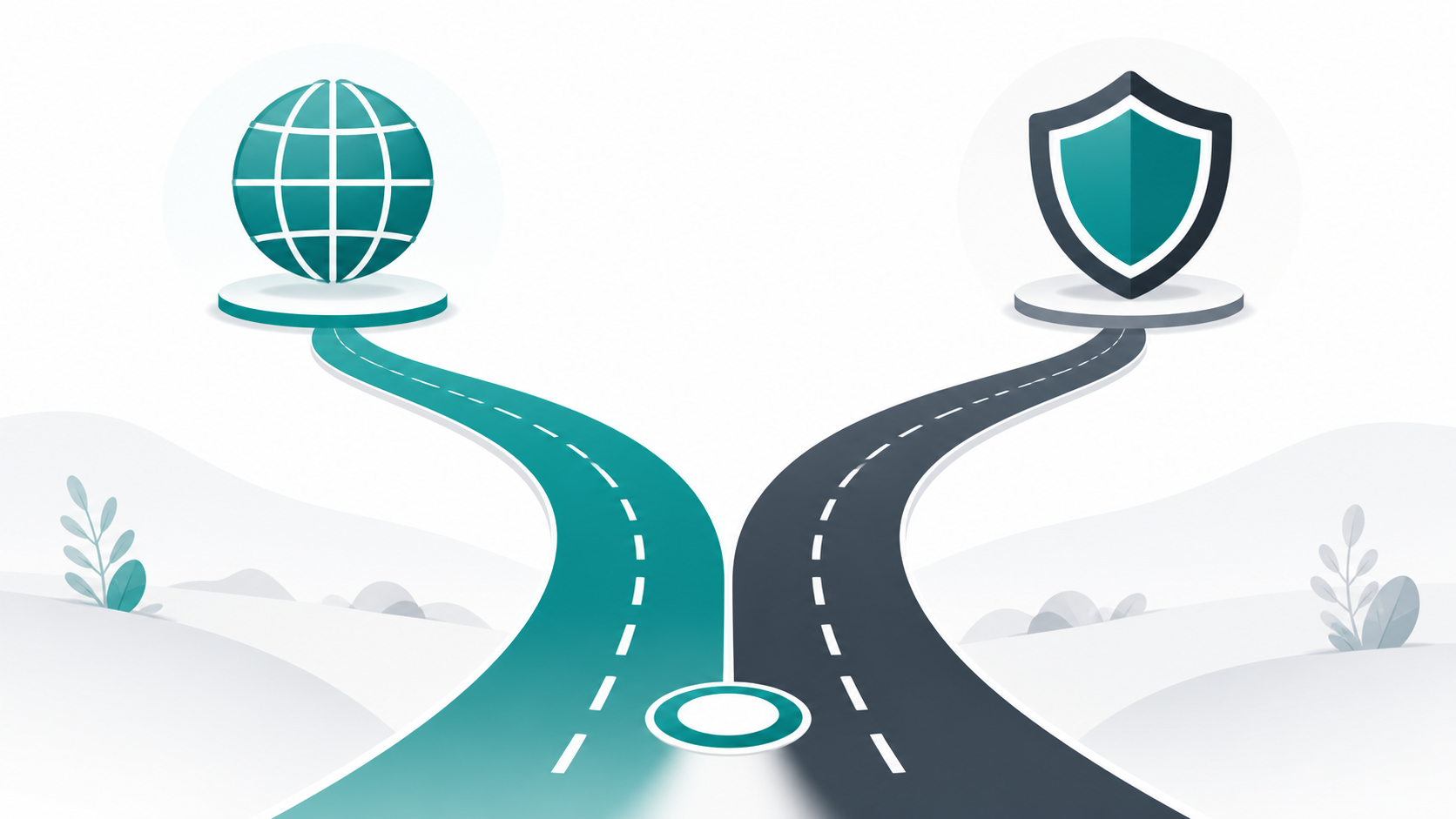 Split illustration showing a domain registration path and a trademark registration path as two separate roads