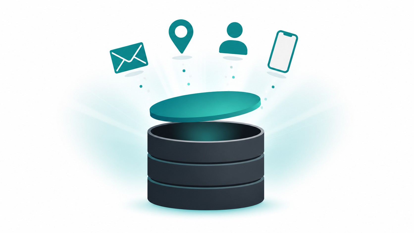 An open database with personal contact detail icons like email and location pin visible, illustrating WHOIS data exposure