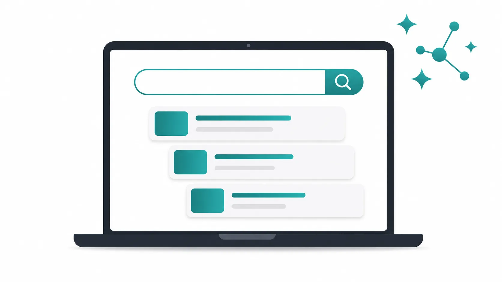 An AI search interface with teal domain suggestion cards appearing on a minimal screen illustration